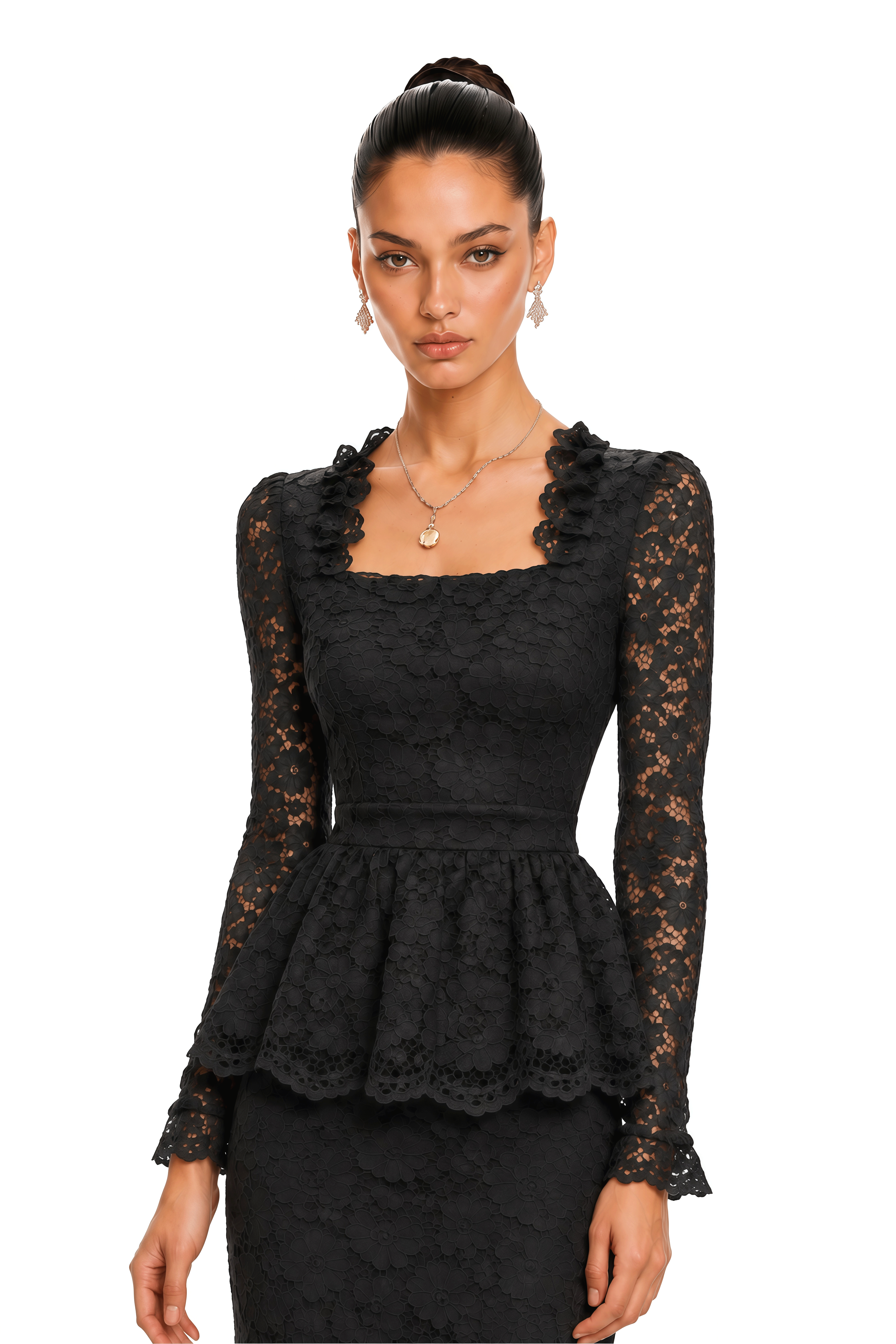 Josefina Black Lace Long Sleeve Peplum Blouse & Midi Skirt Set