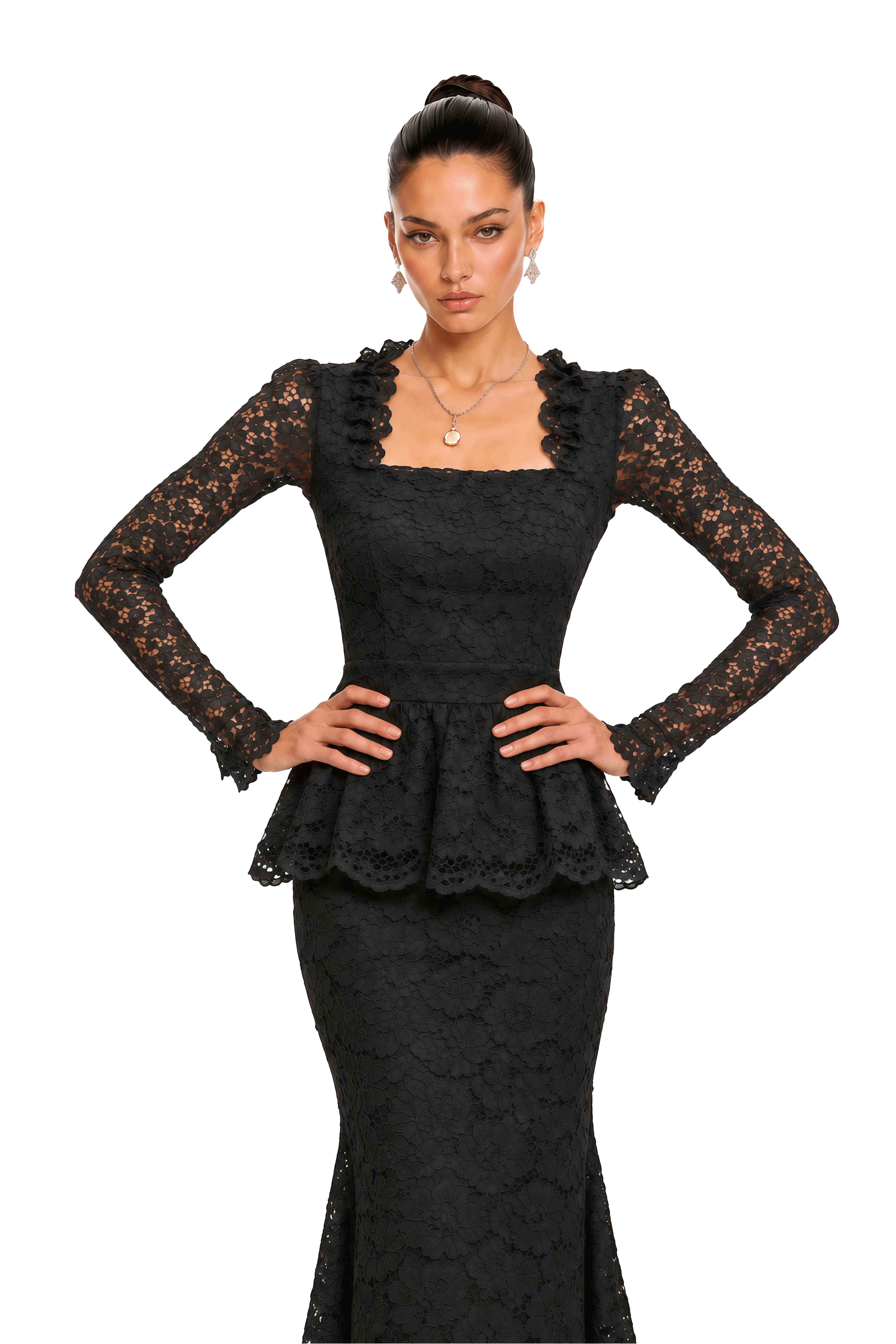 Josefina Black Lace Long Sleeve Peplum Blouse & Midi Skirt Set