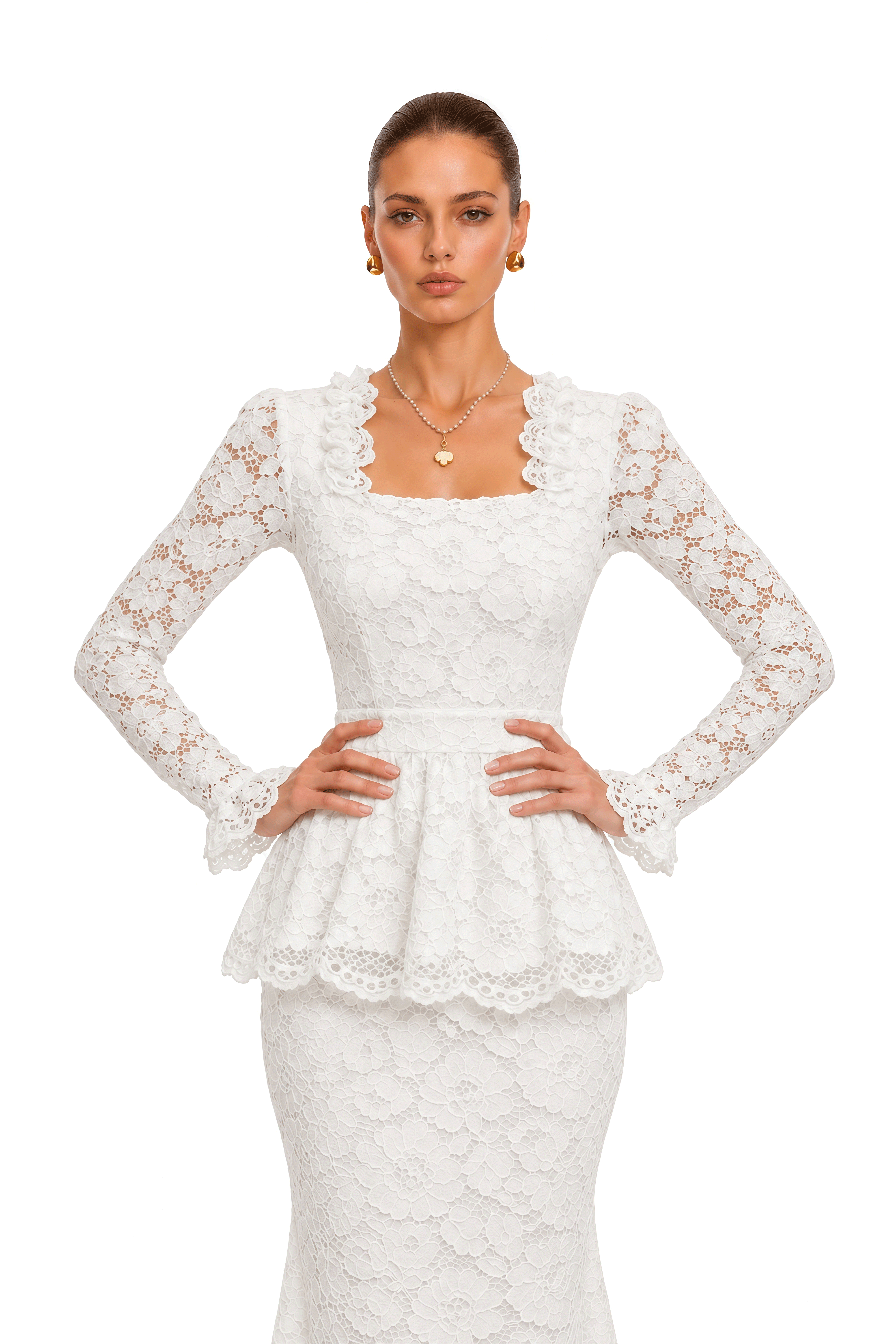 Josefina White Lace Long Sleeve Peplum Blouse & Midi Skirt Set