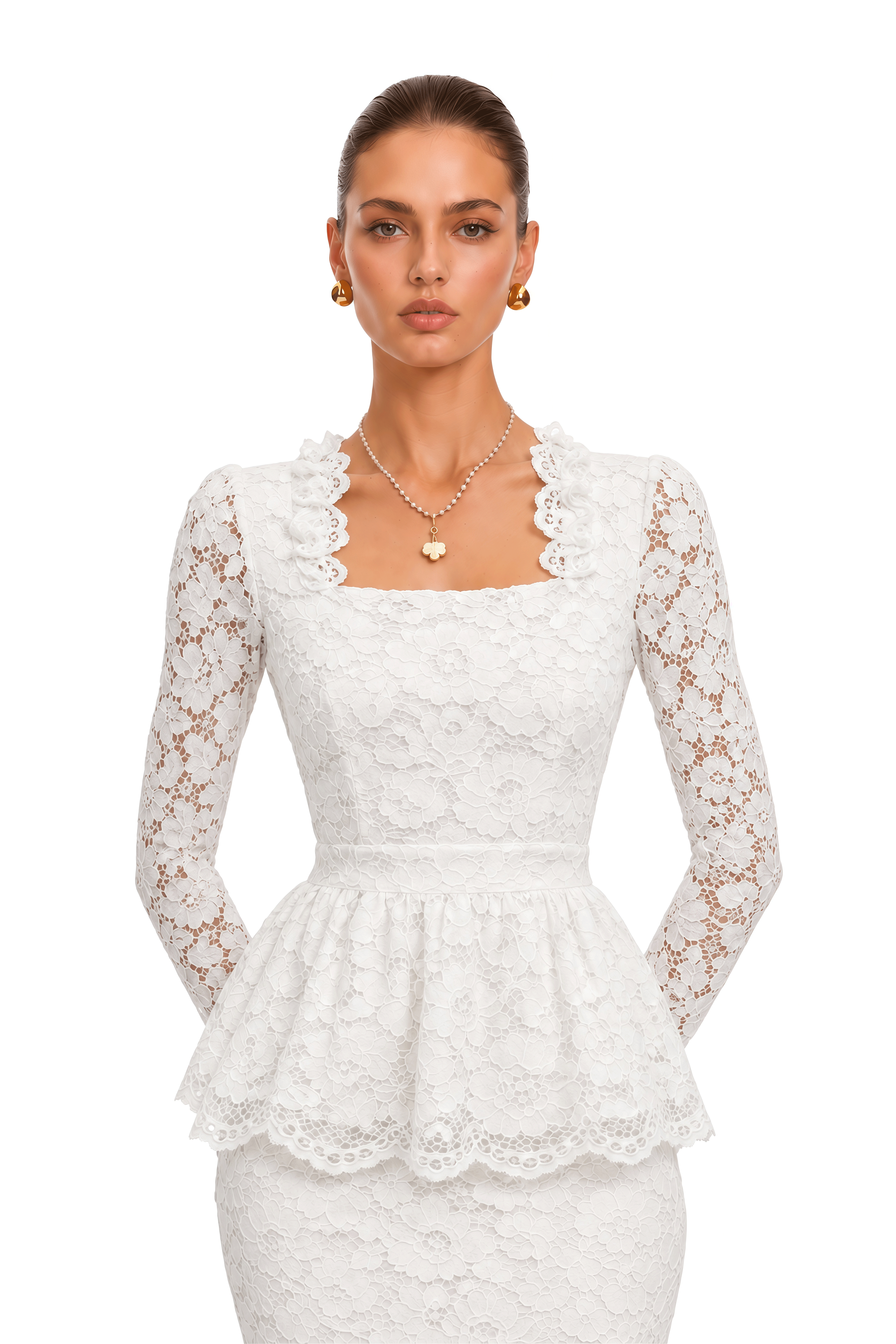 Josefina White Lace Long Sleeve Peplum Blouse & Midi Skirt Set