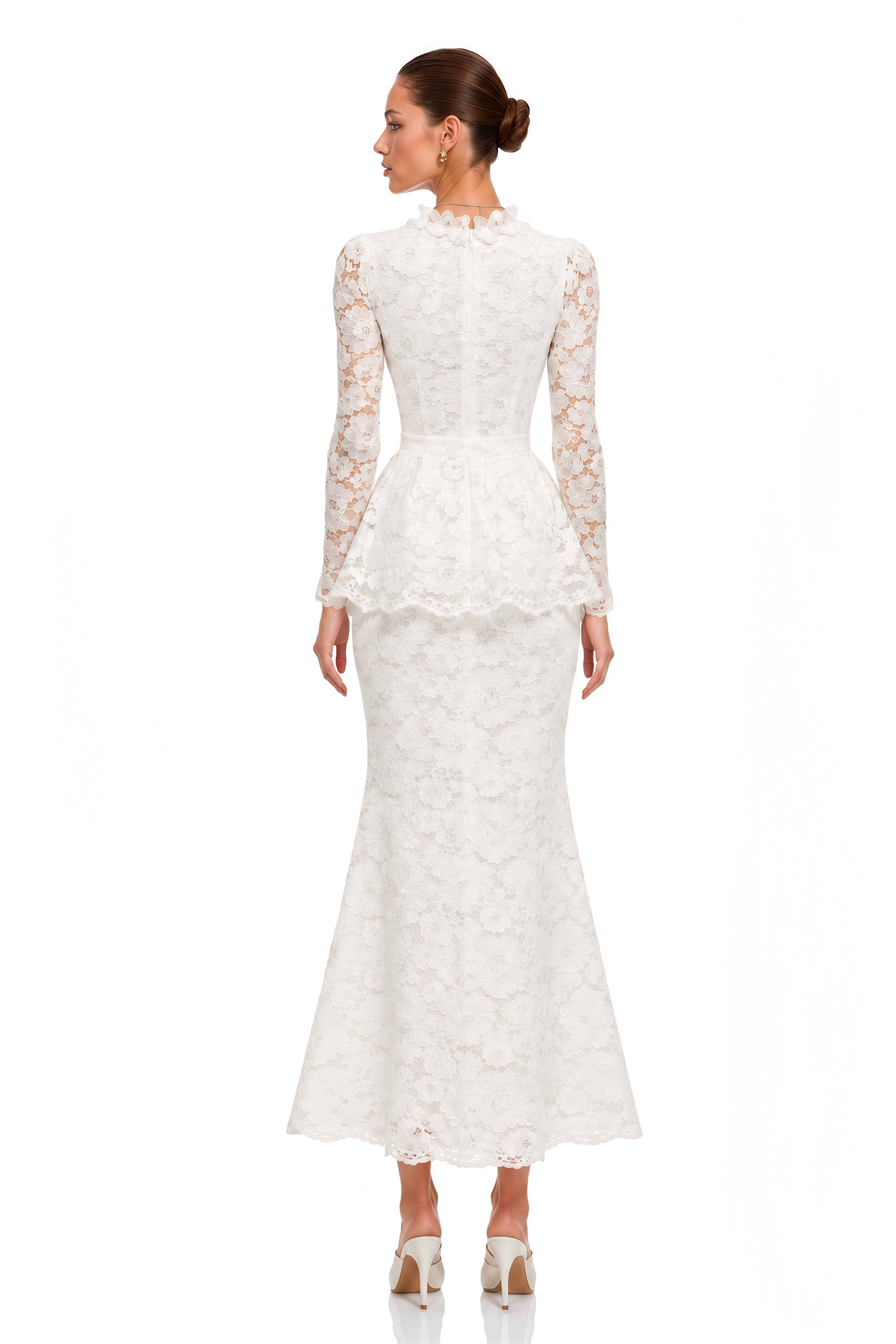 Josefina White Lace Long Sleeve Peplum Blouse & Midi Skirt Set