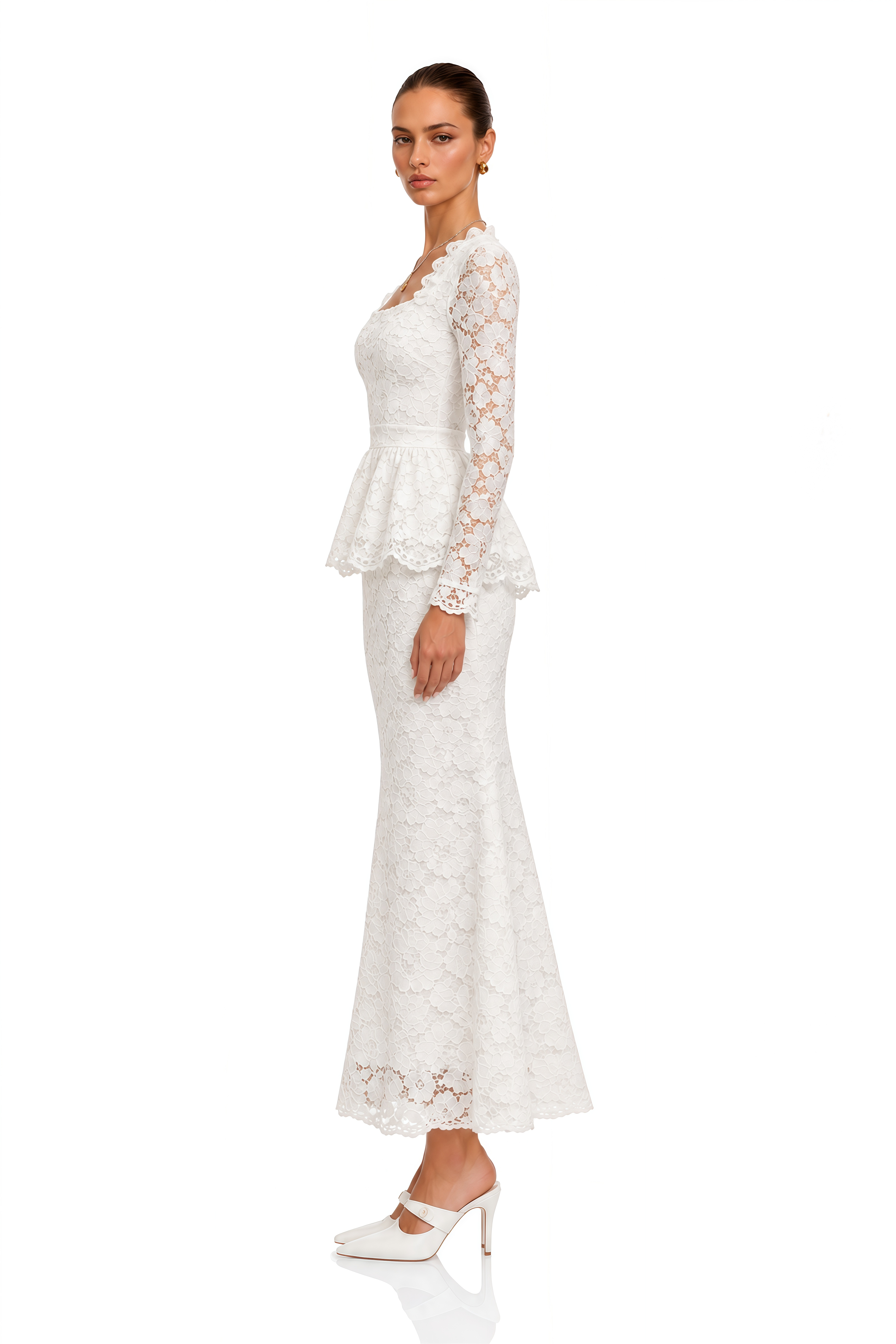 Josefina White Lace Long Sleeve Peplum Blouse & Midi Skirt Set