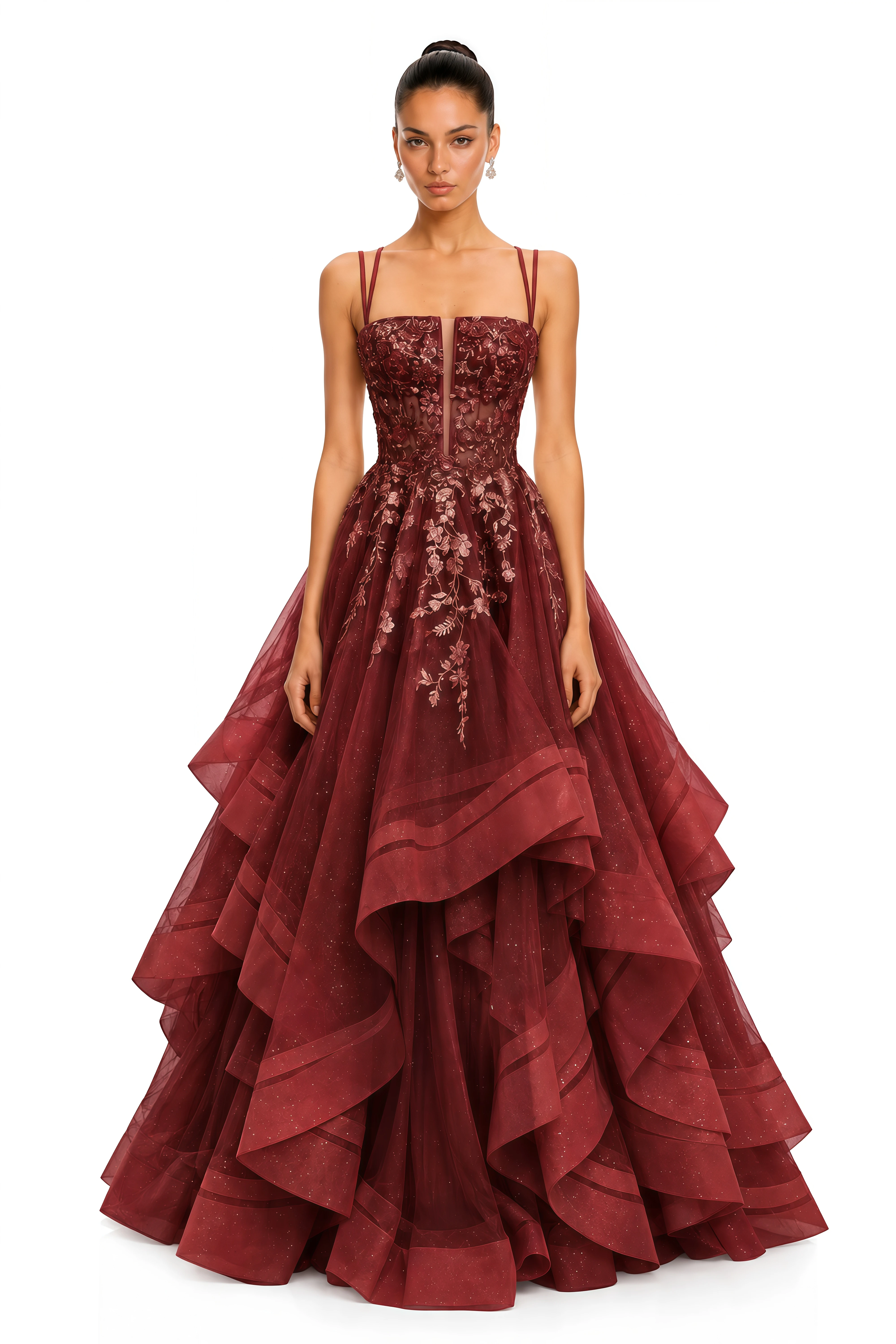 Josie Burgundy Floral Embroidered Tiered Tulle Maxi Dress