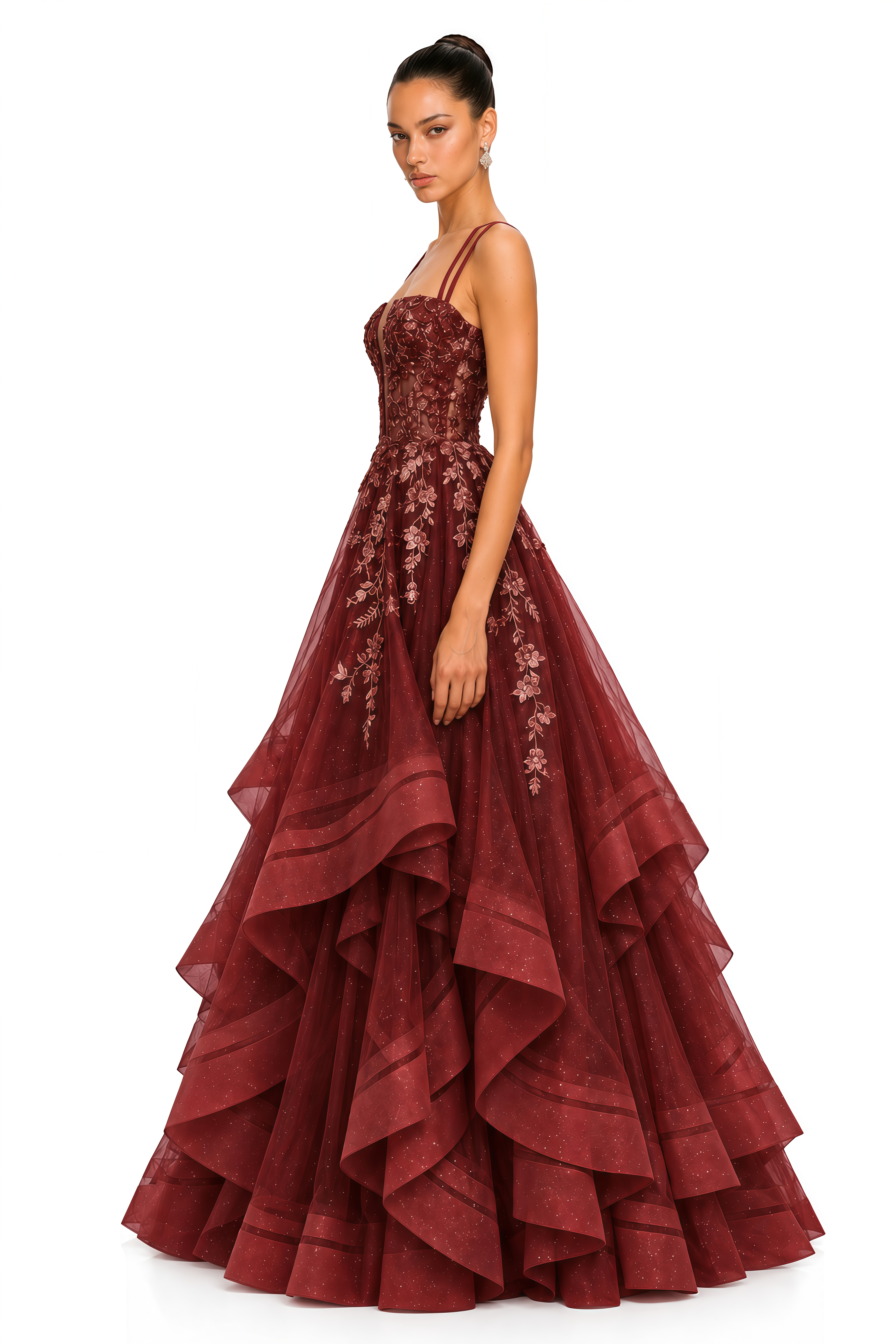 Josie Burgundy Floral Embroidered Tiered Tulle Maxi Dress