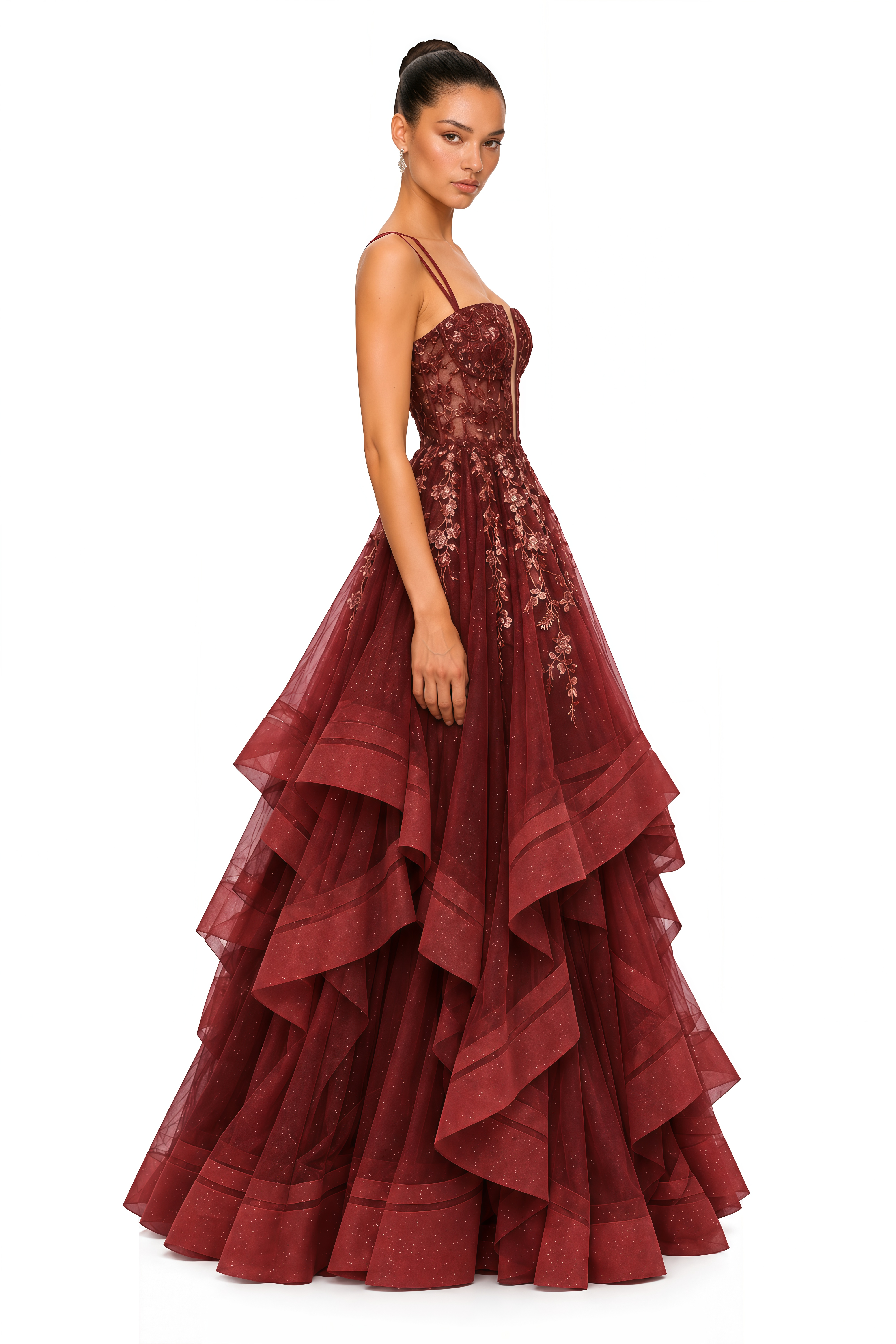 Josie Burgundy Floral Embroidered Tiered Tulle Maxi Dress