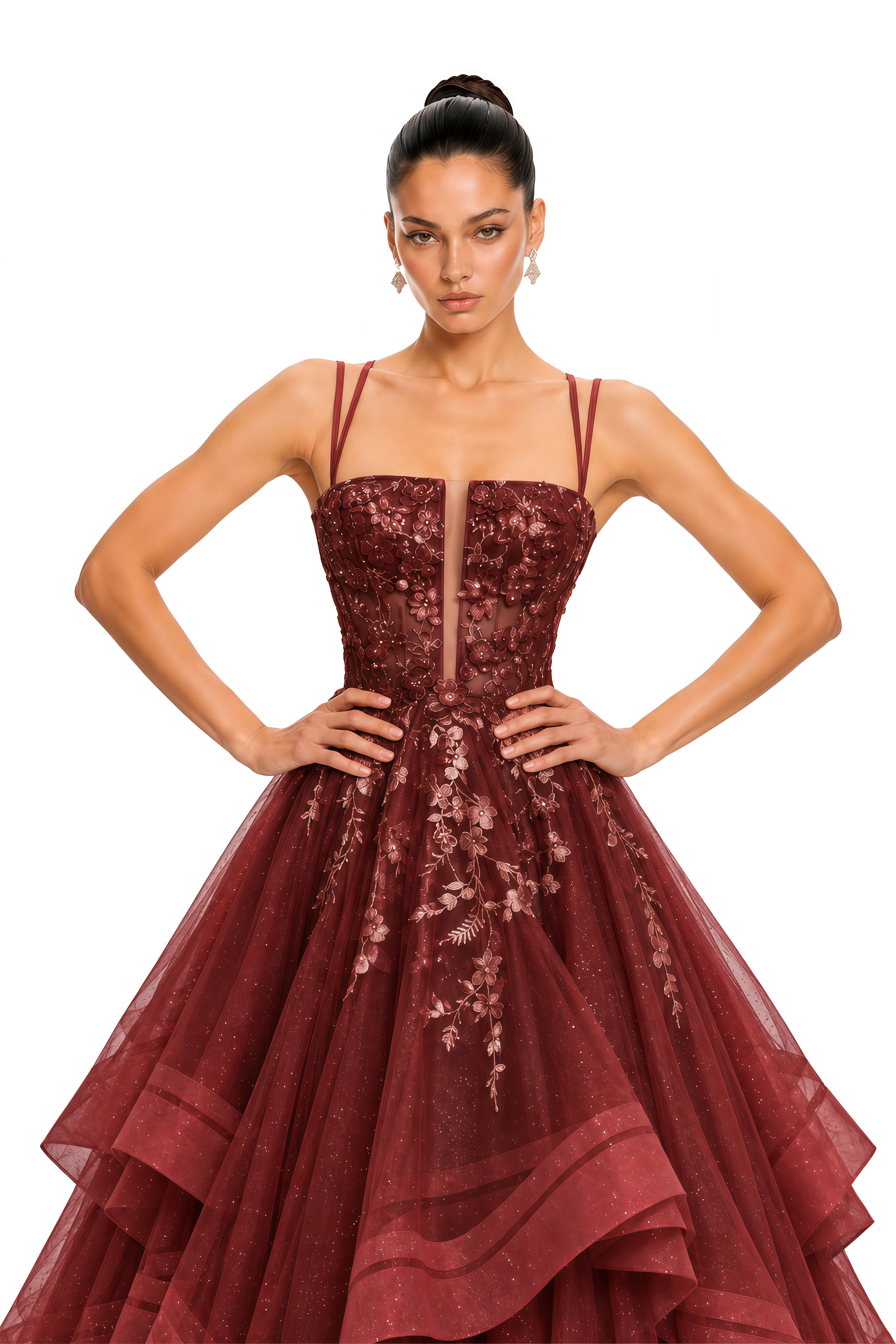Josie Burgundy Floral Embroidered Tiered Tulle Maxi Dress