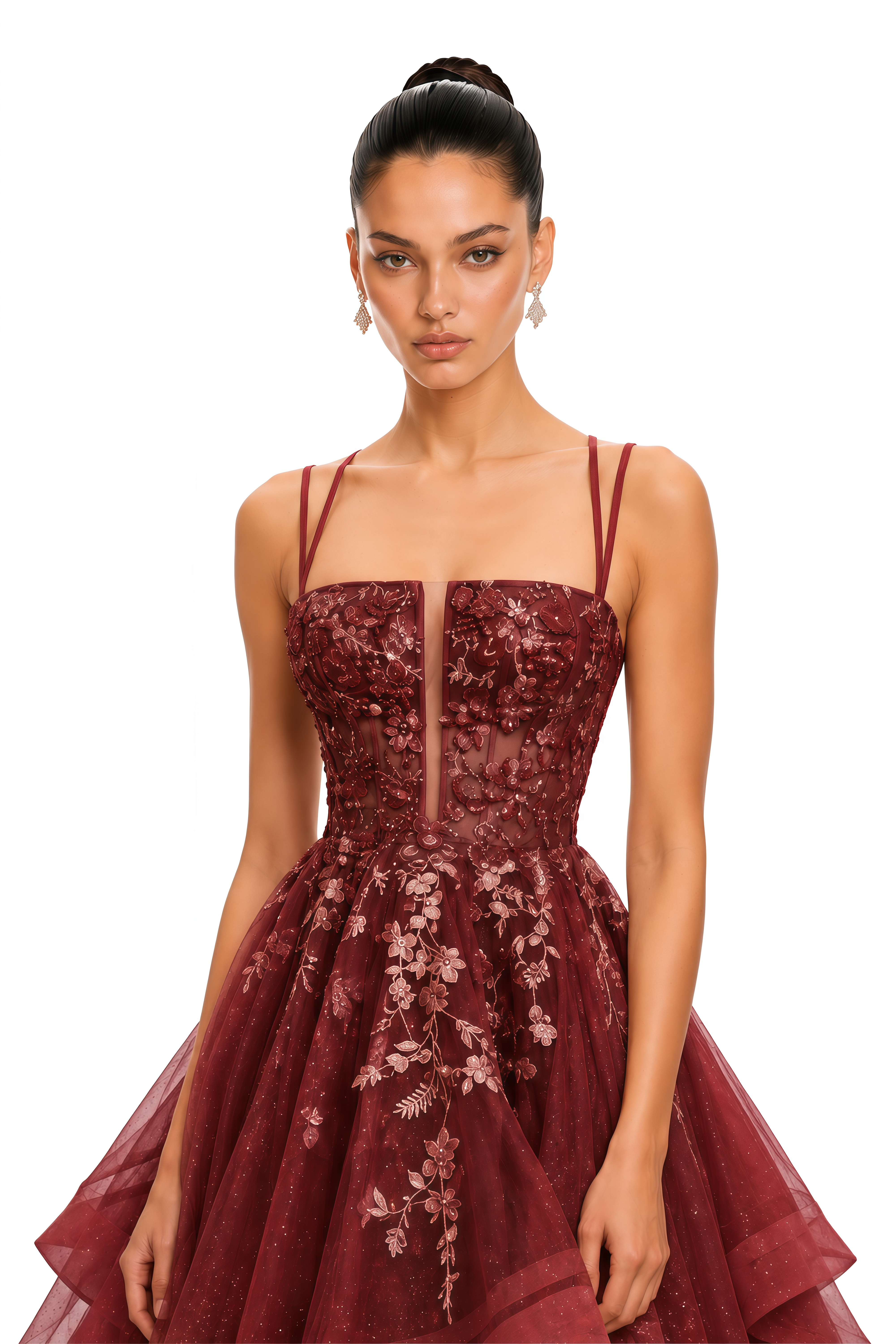 Josie Burgundy Floral Embroidered Tiered Tulle Maxi Dress