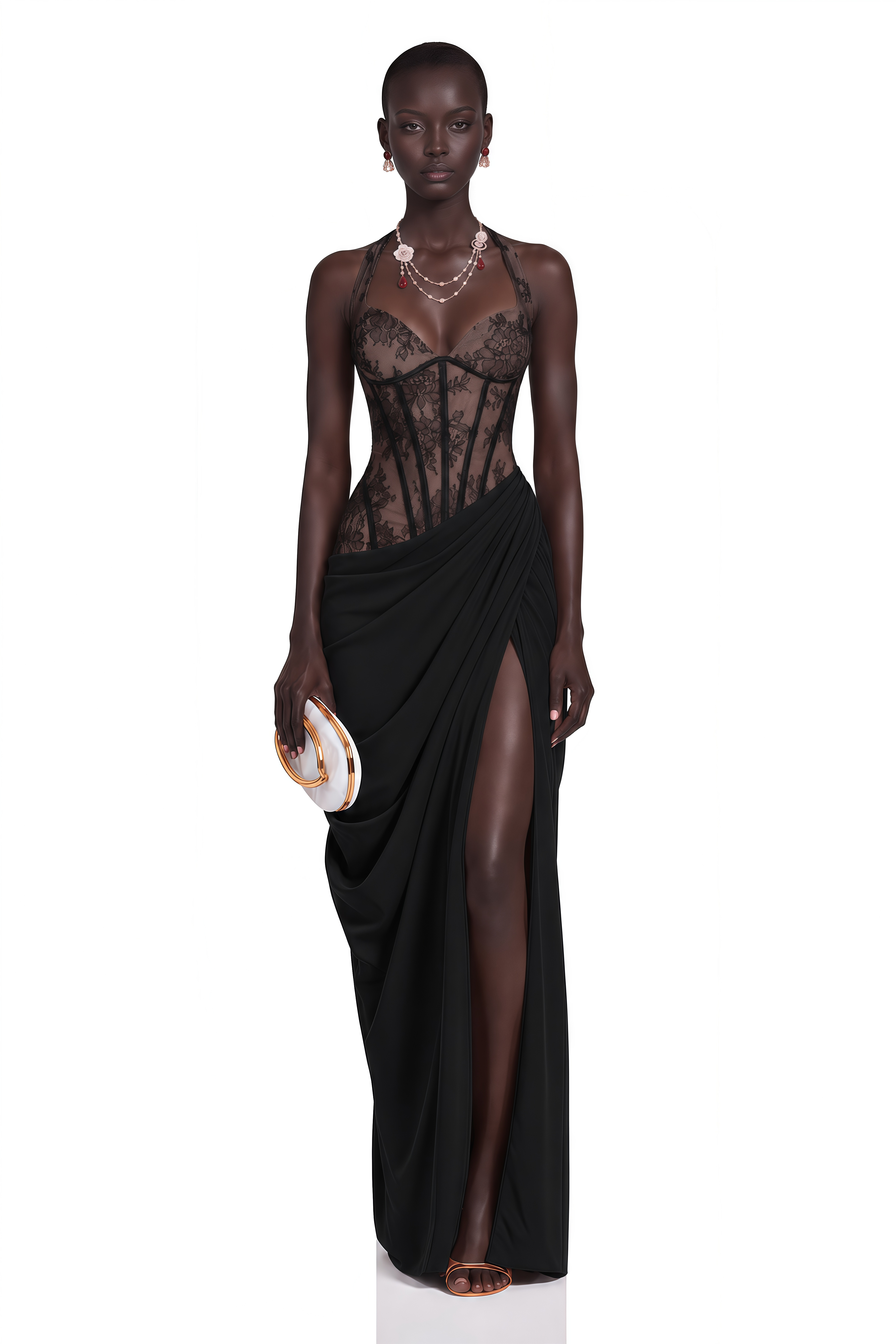 Jovianna Black Halterneck Maxi Dress with Lace Panels
