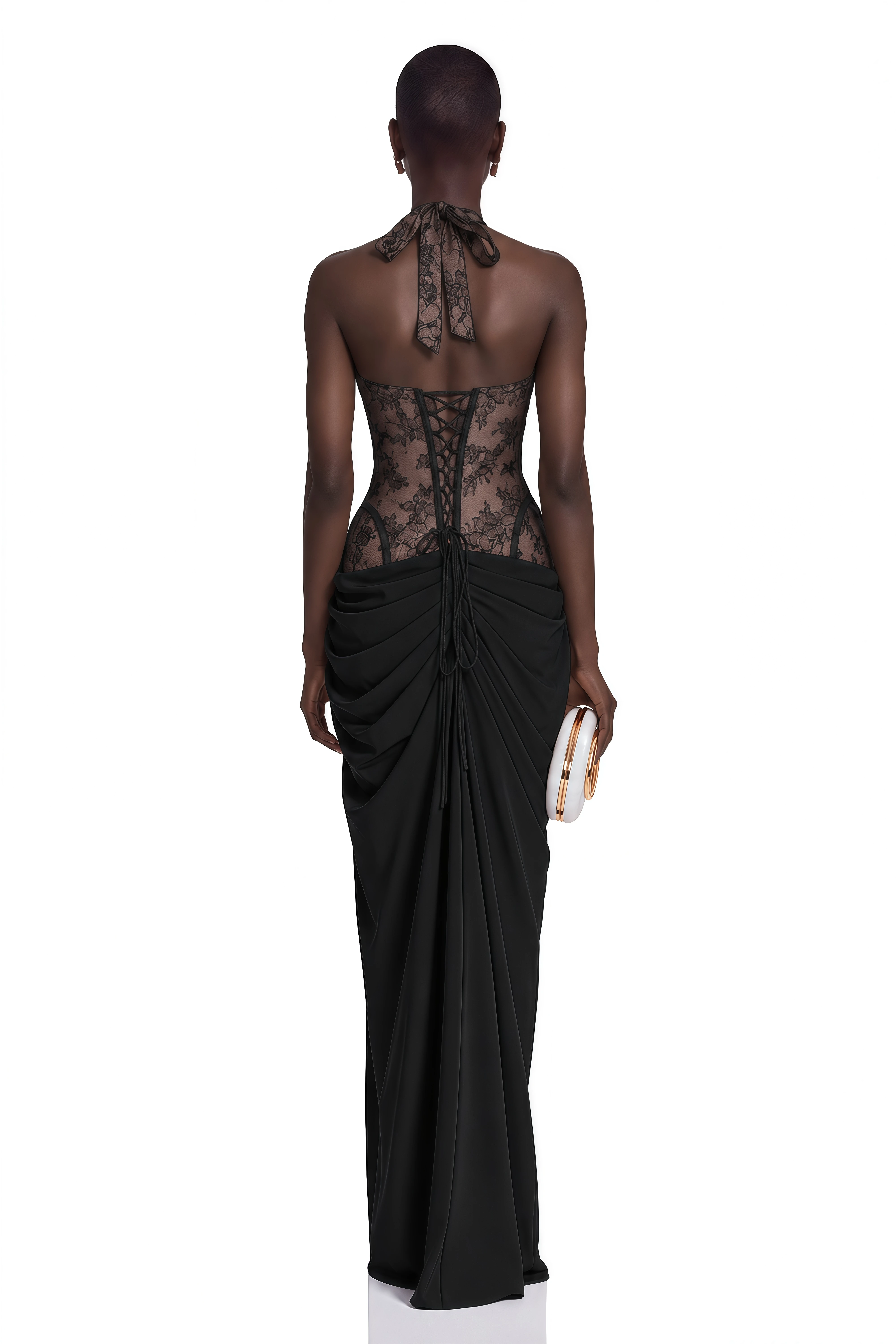 Jovianna Black Halterneck Maxi Dress with Lace Panels