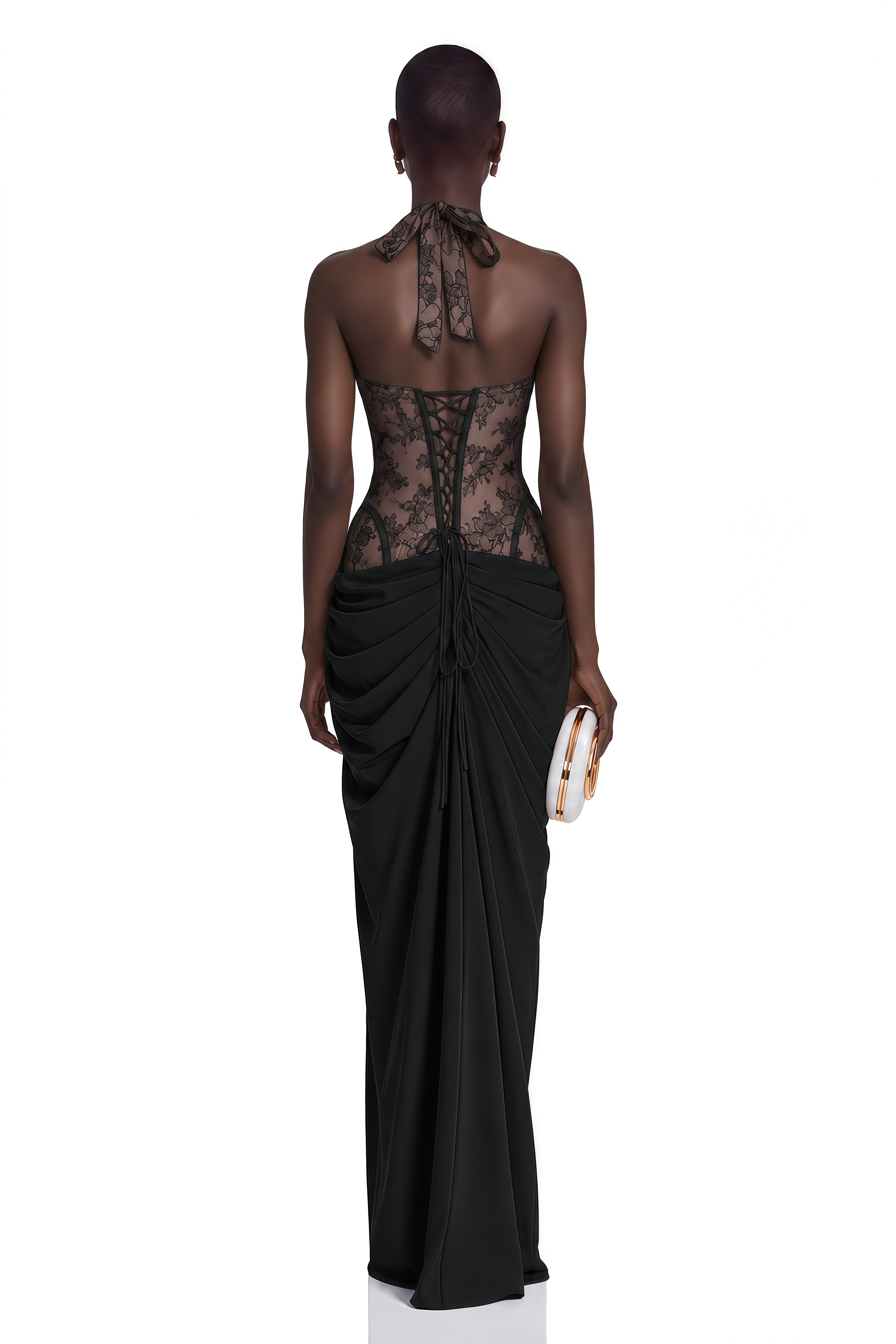 Jovianna Black Halterneck Maxi Dress with Lace Panels