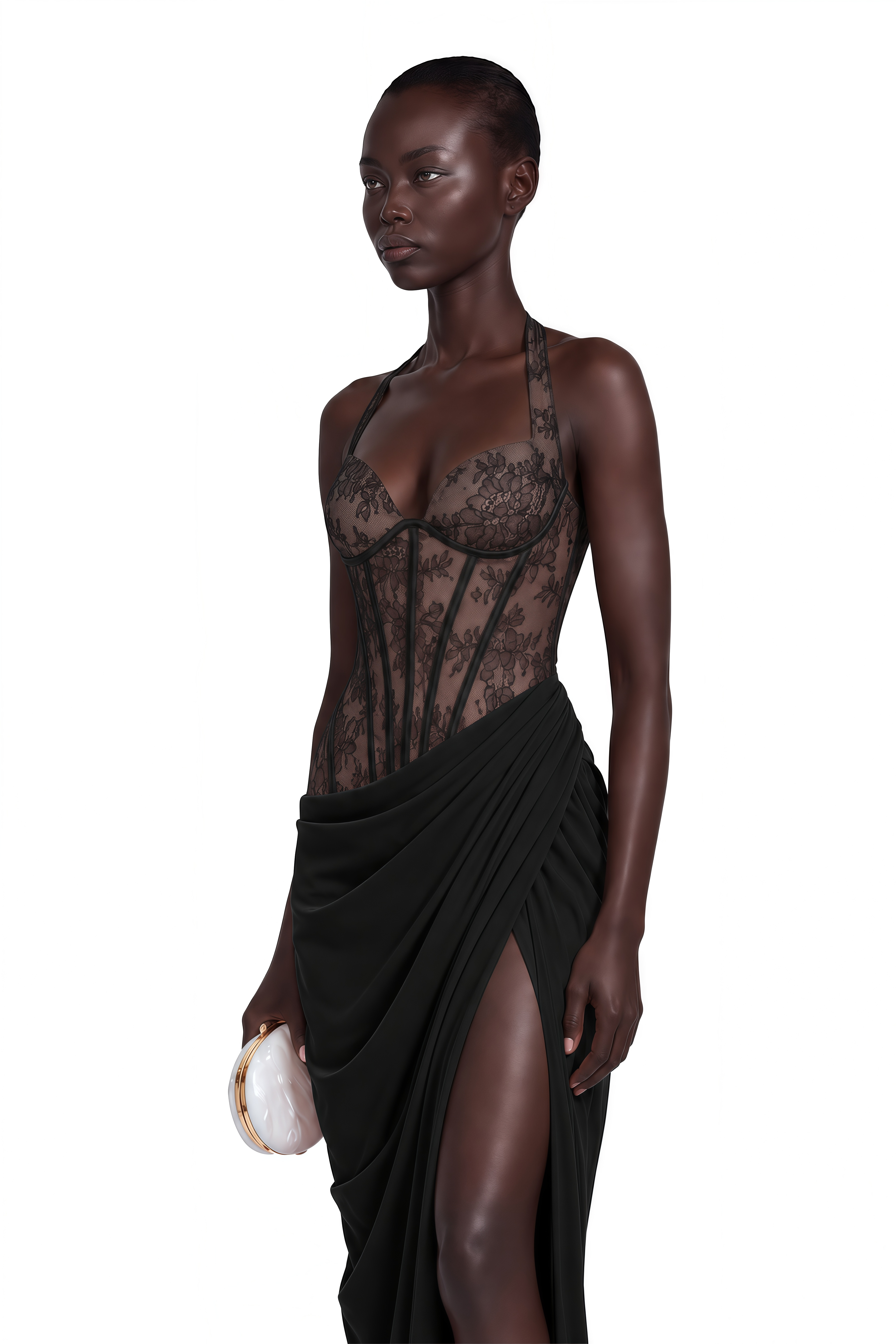 Jovianna Black Halterneck Maxi Dress with Lace Panels