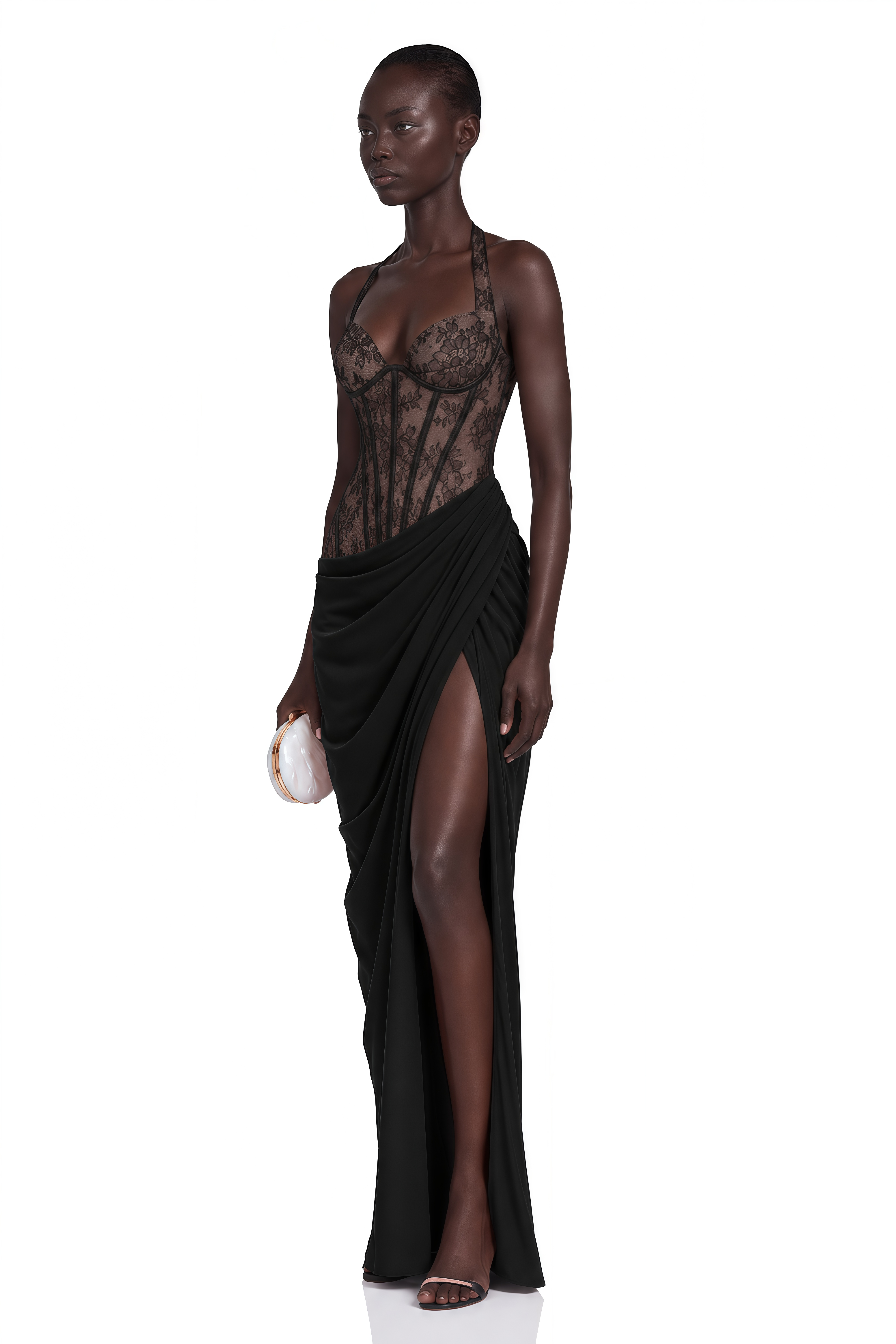 Jovianna Black Halterneck Maxi Dress with Lace Panels