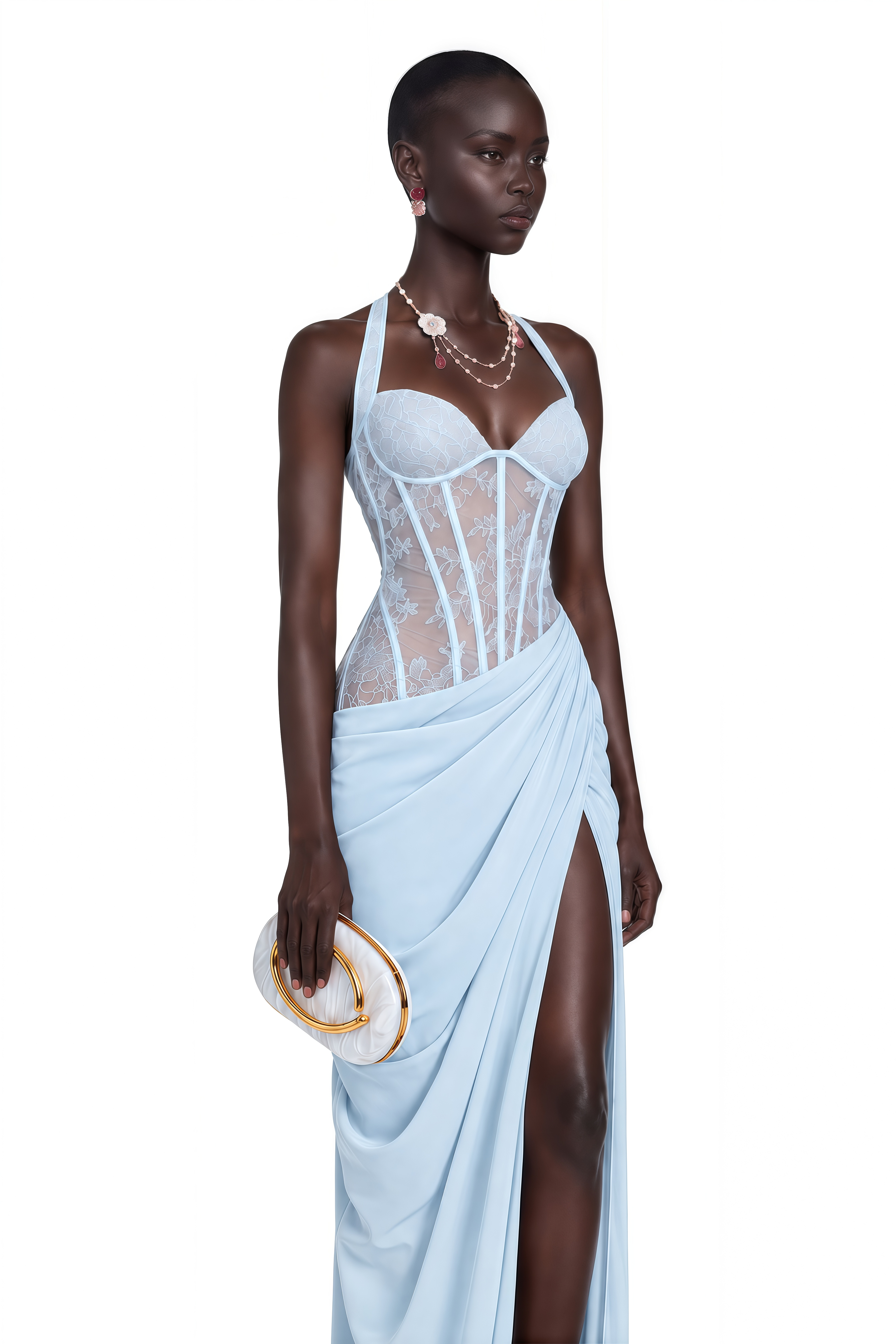 Jovianna Blue Halterneck Maxi Dress with Lace Panels