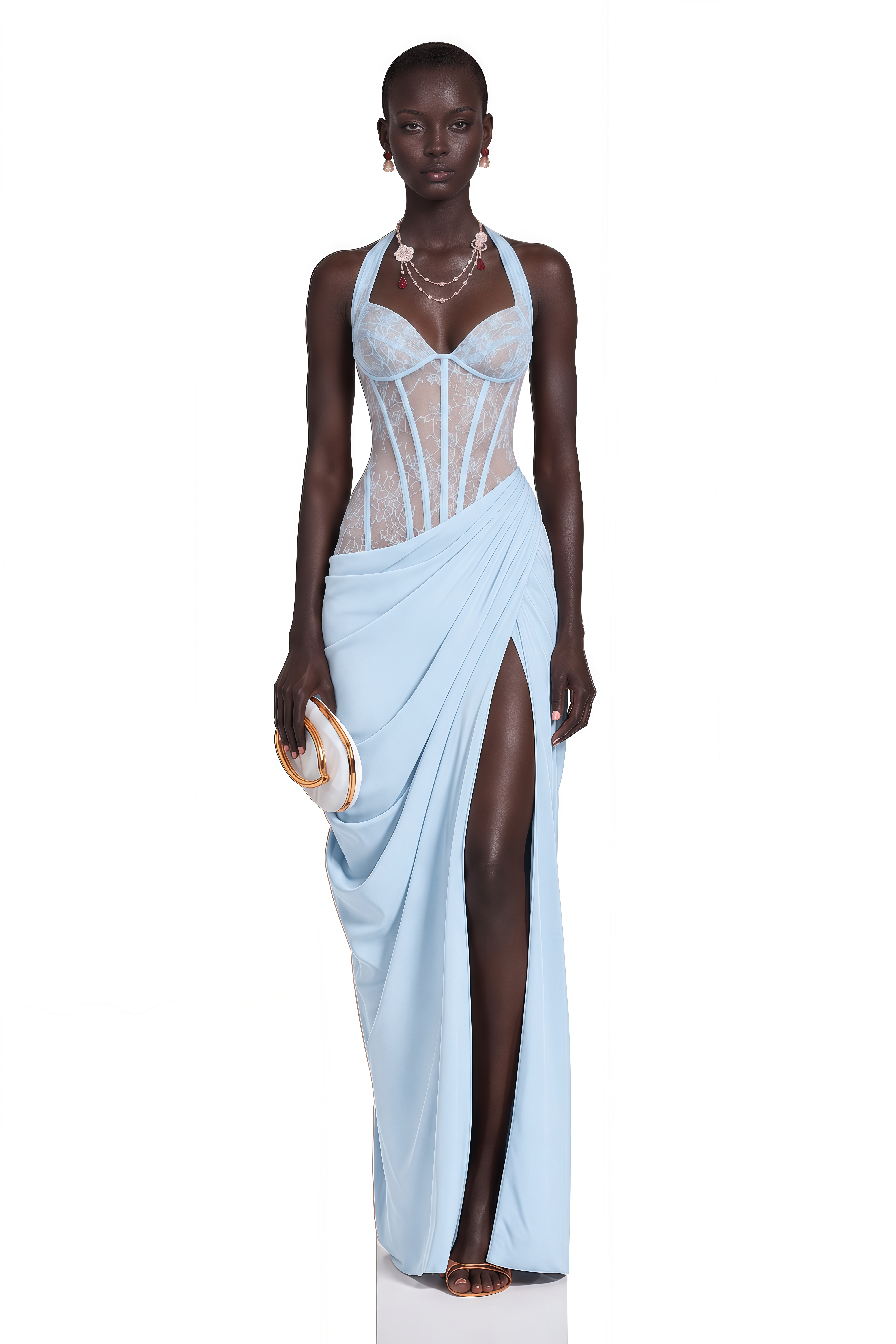 Jovianna Blue Halterneck Maxi Dress with Lace Panels