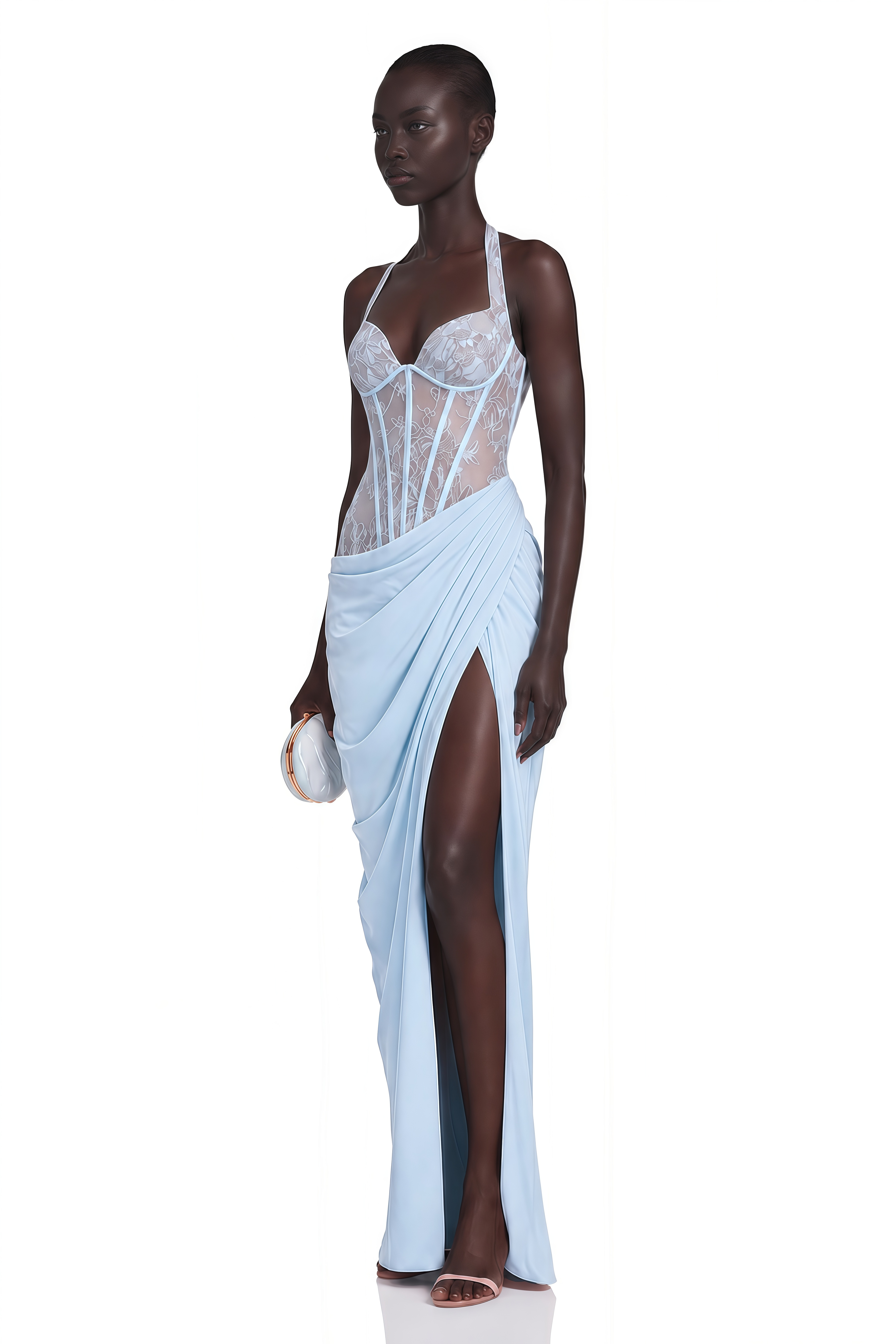 Jovianna Blue Halterneck Maxi Dress with Lace Panels