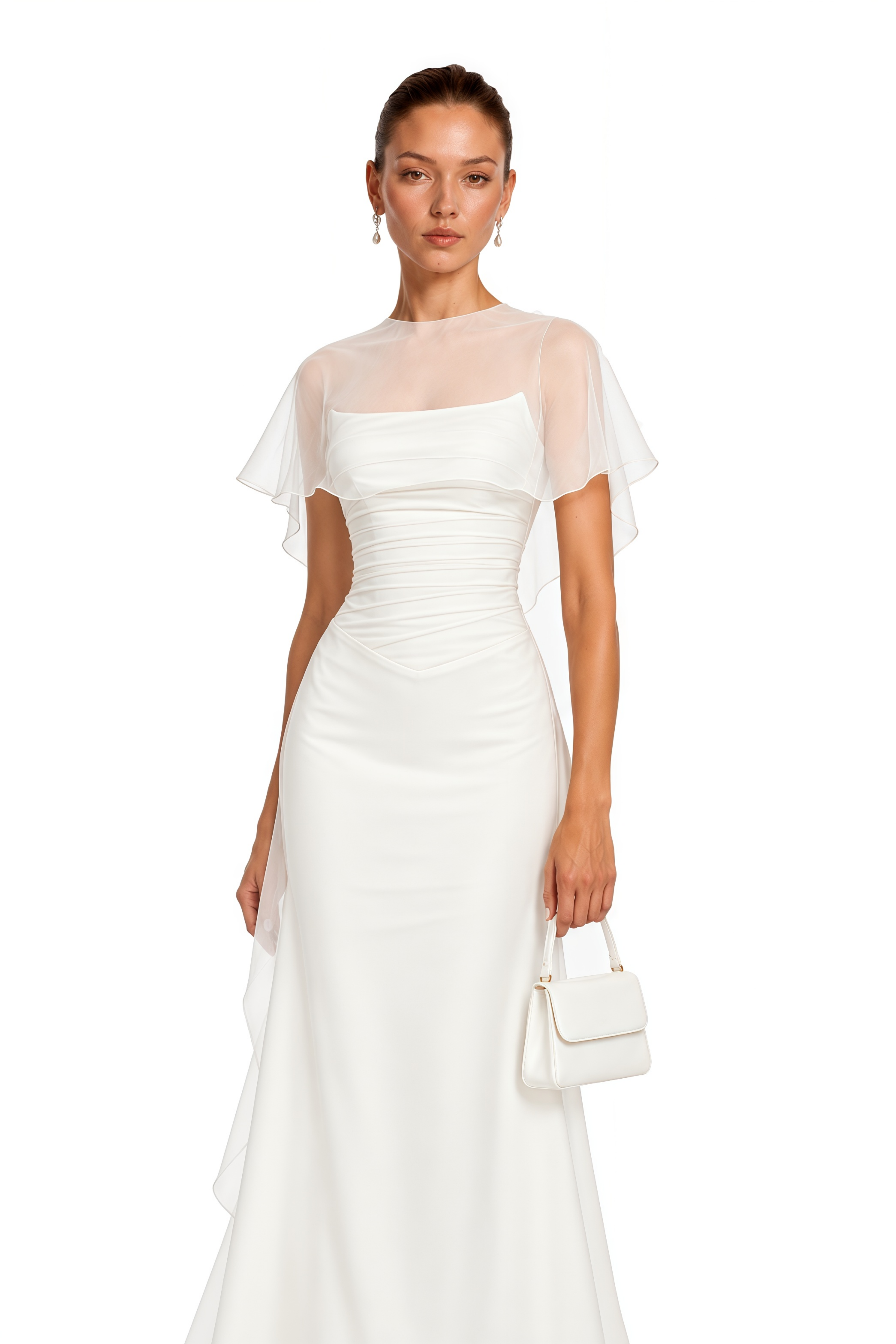 Jovianna Cream Draped Ruched Maxi Dress with Tulle