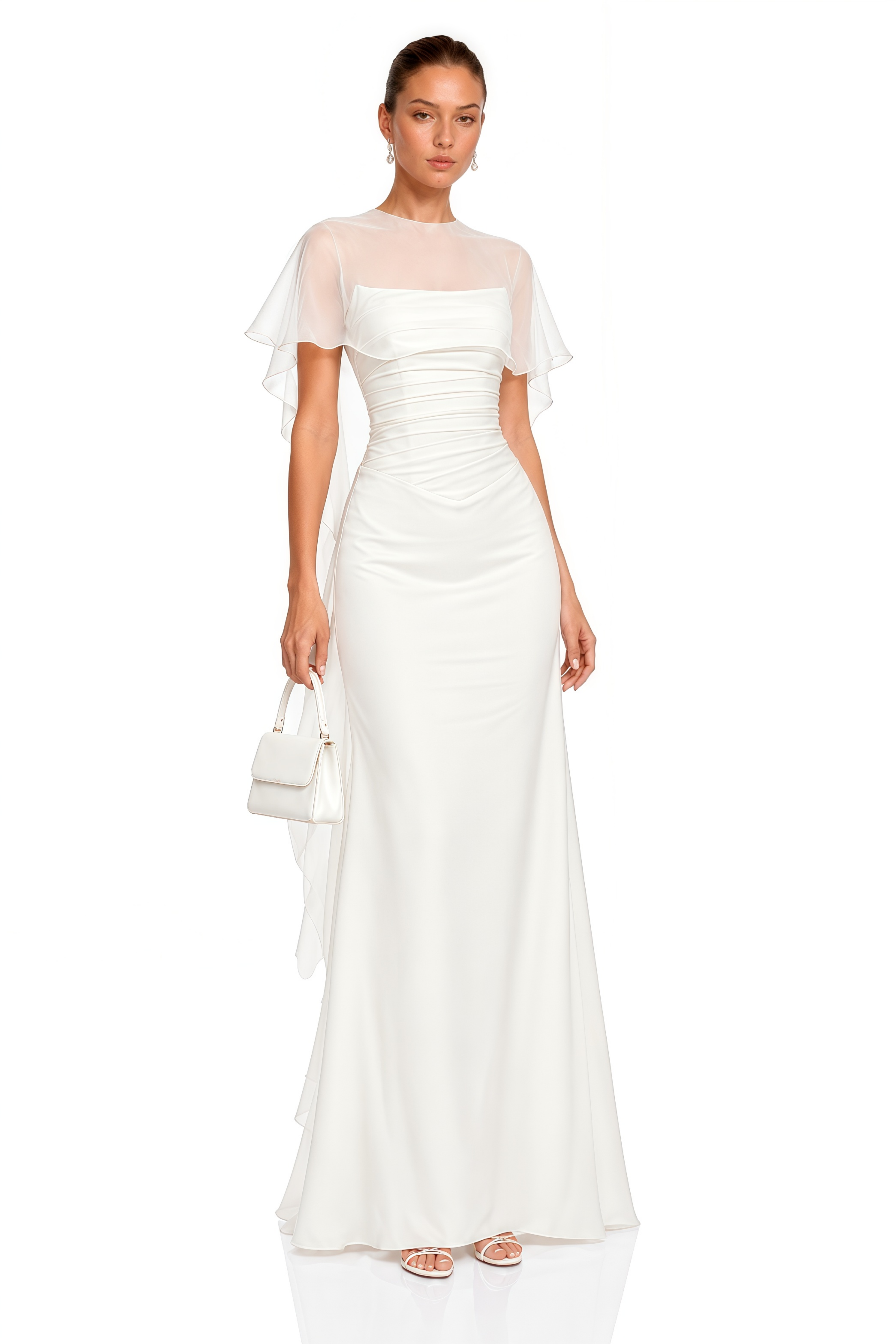 Jovianna Cream Draped Ruched Maxi Dress with Tulle