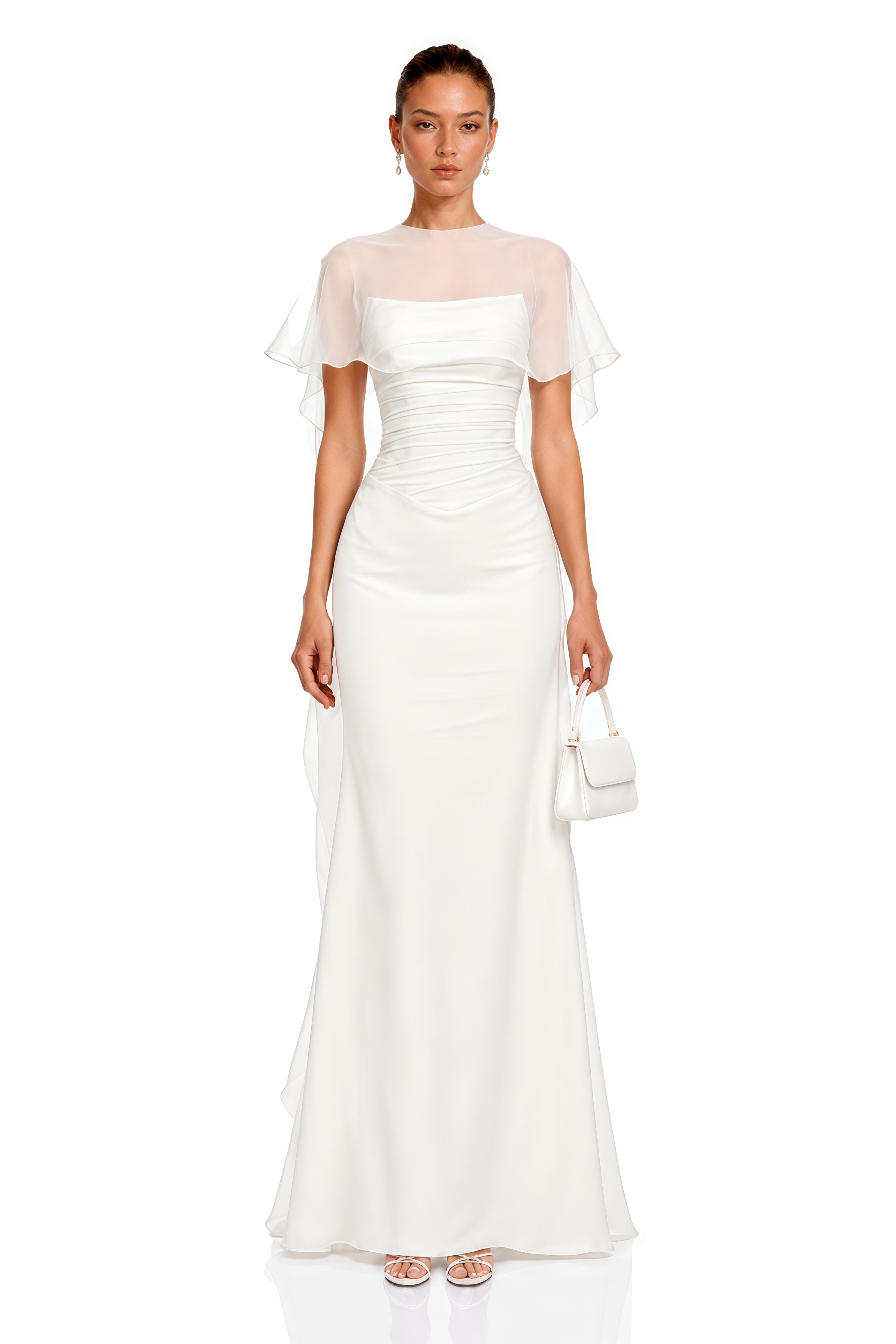 Jovianna Cream Draped Ruched Maxi Dress with Tulle
