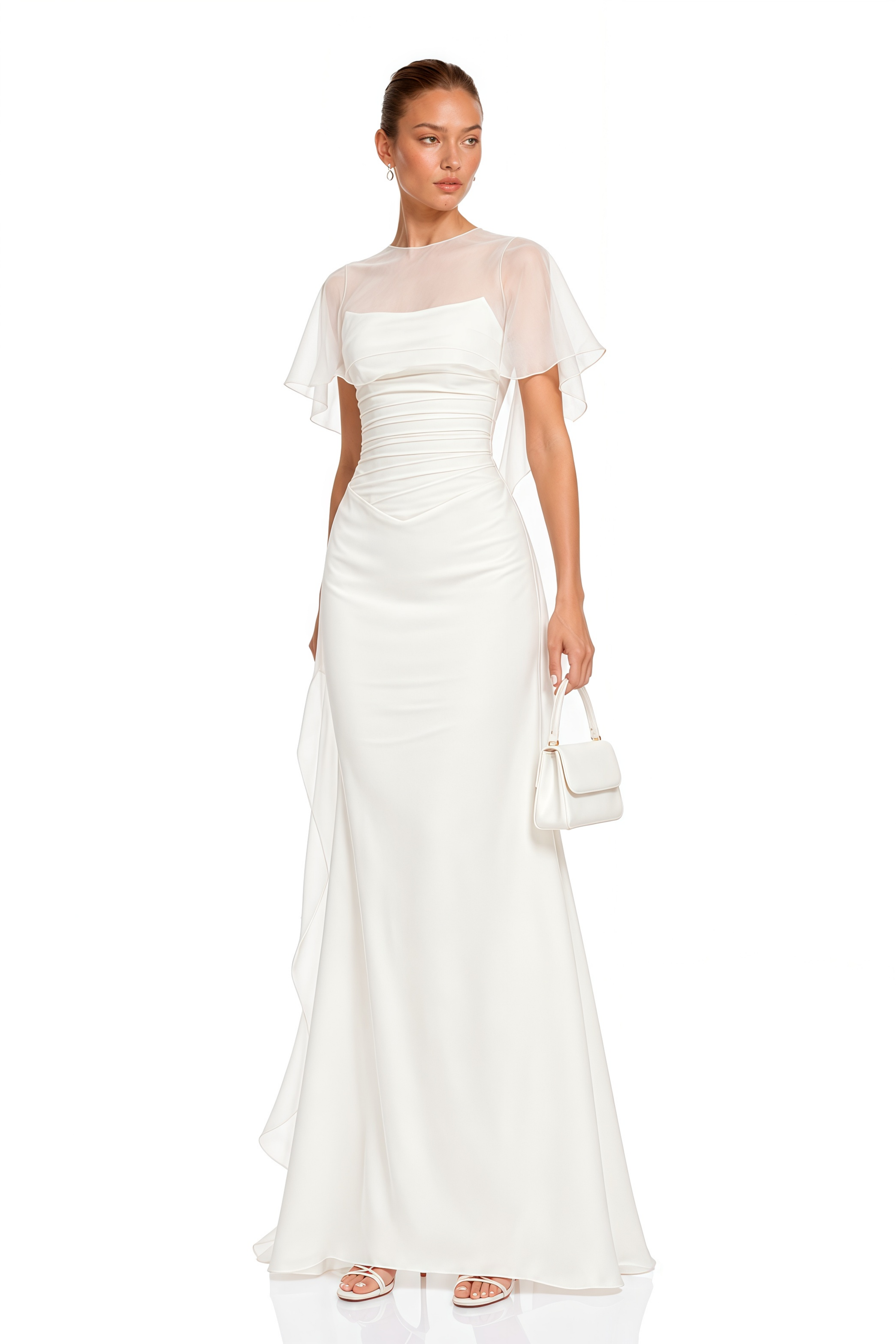 Jovianna Cream Draped Ruched Maxi Dress with Tulle