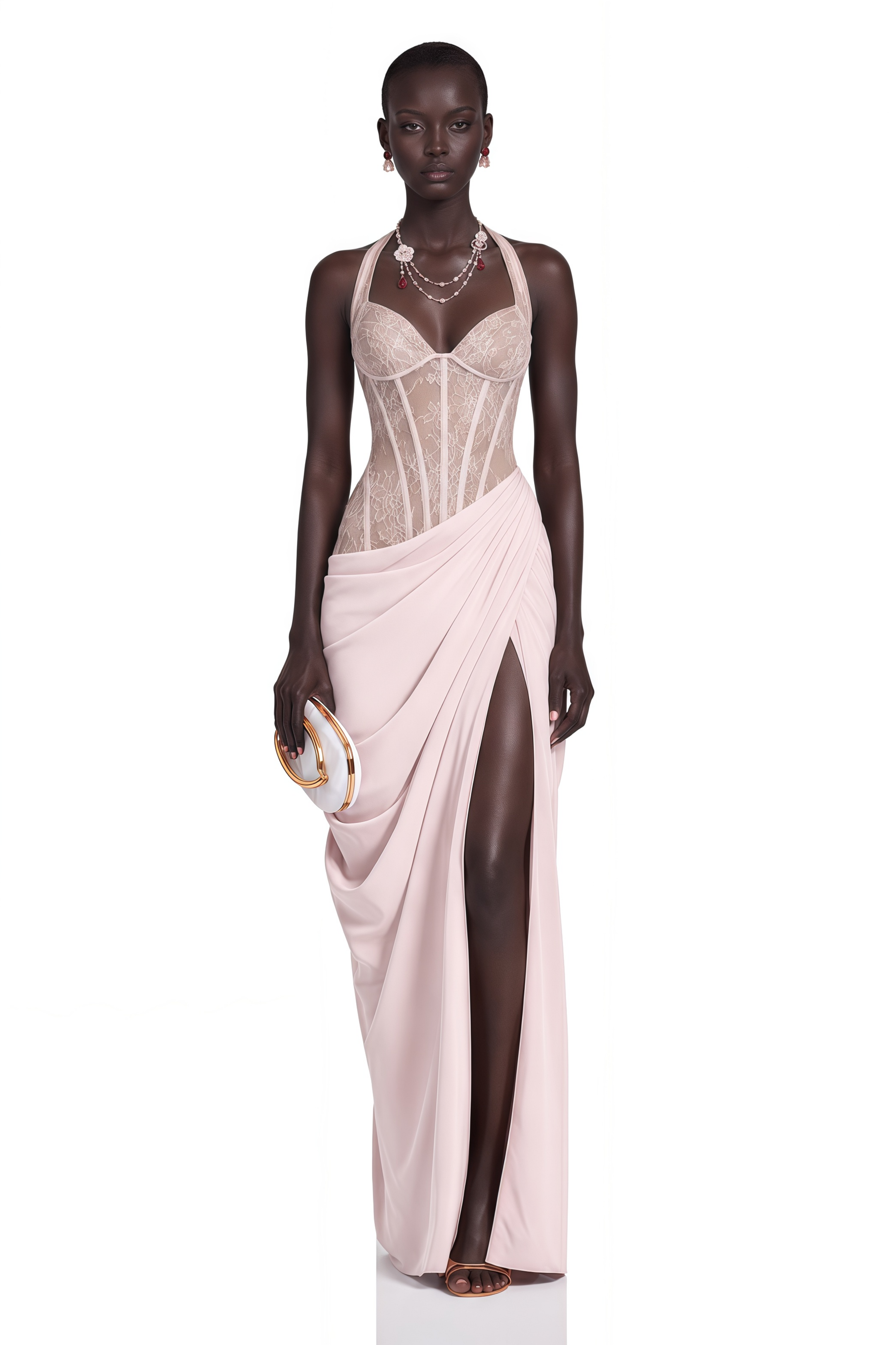 Jovianna Pink Halterneck Maxi Dress with Lace Panels
