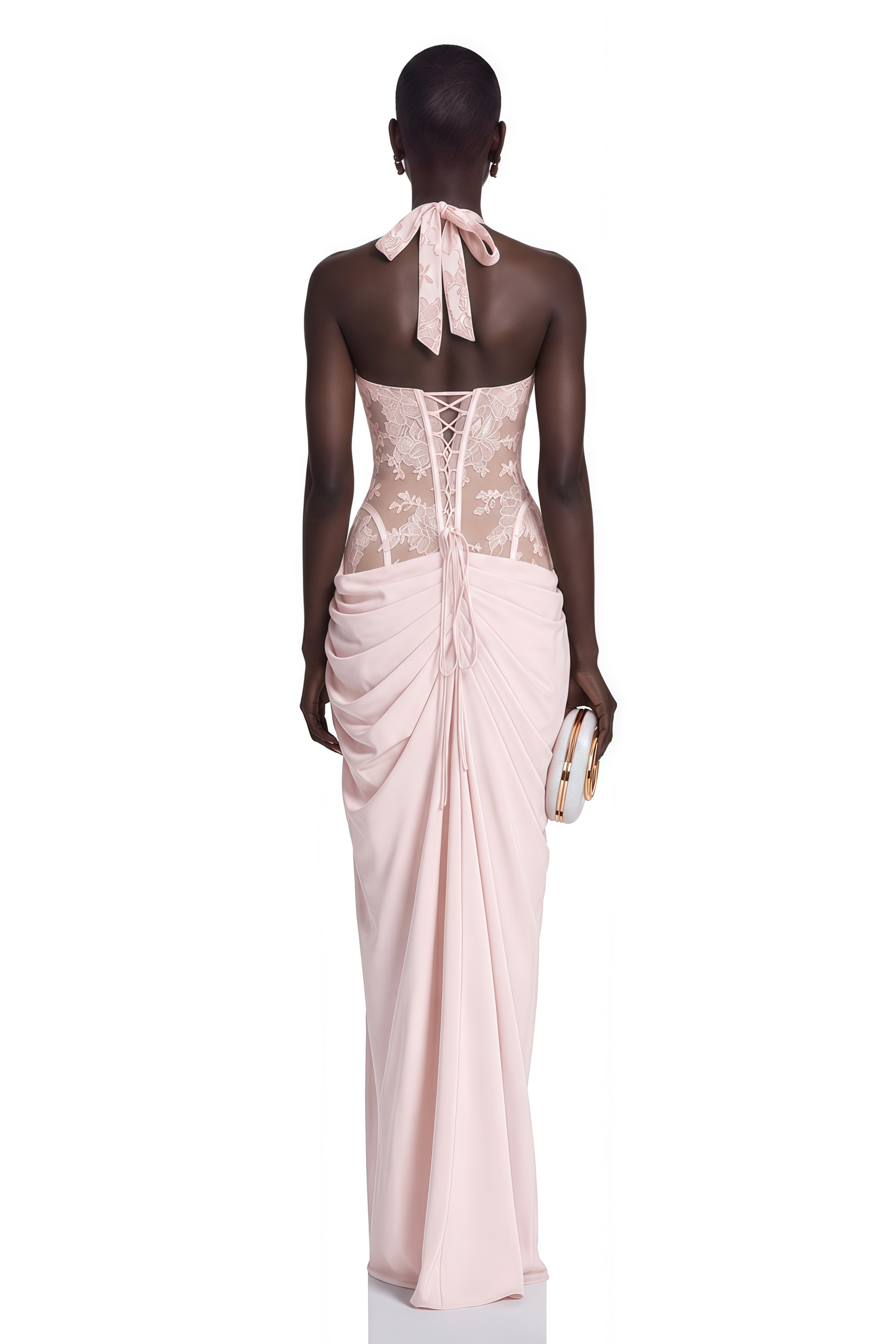 Jovianna Pink Halterneck Maxi Dress with Lace Panels