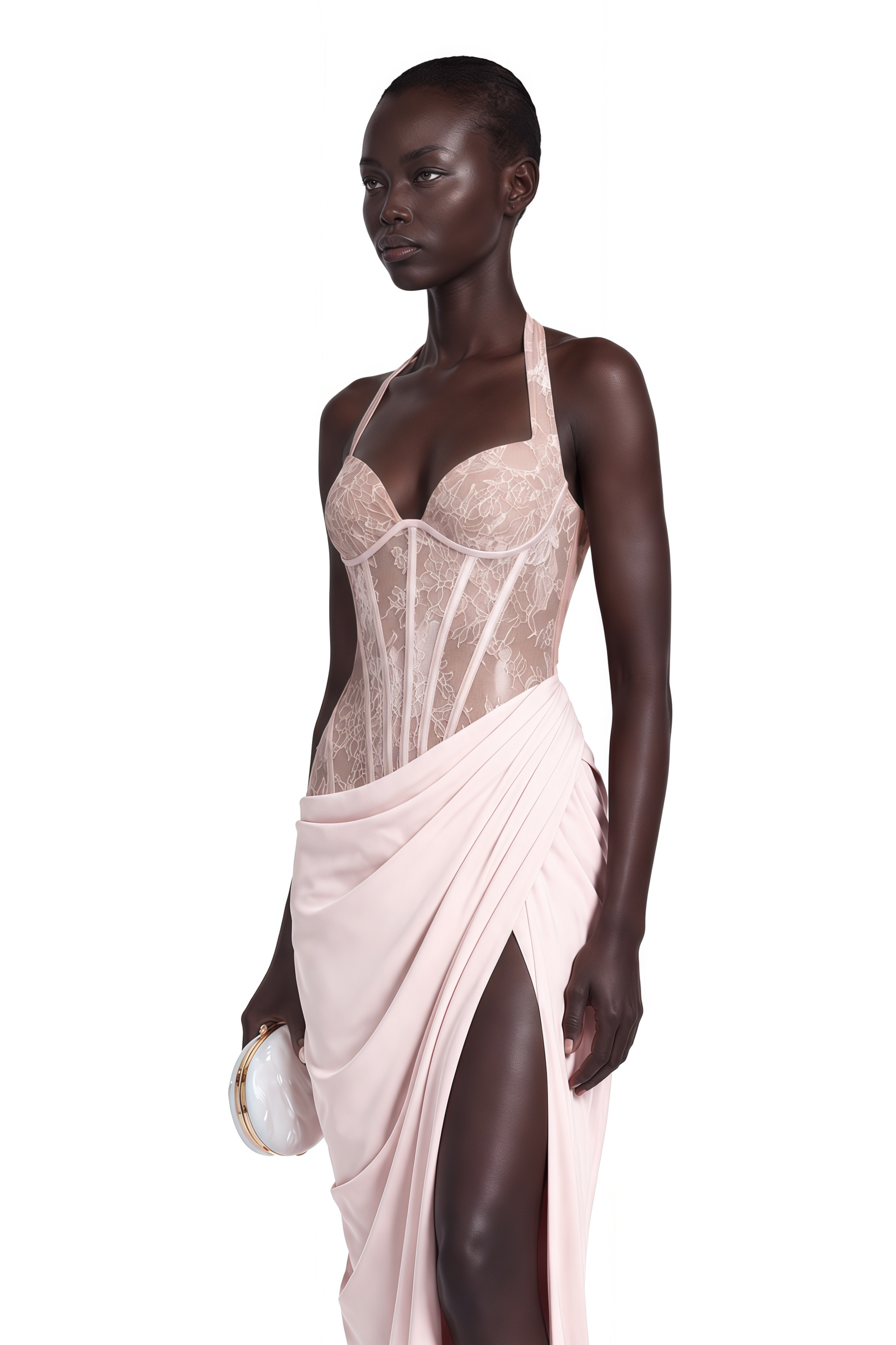 Jovianna Pink Halterneck Maxi Dress with Lace Panels