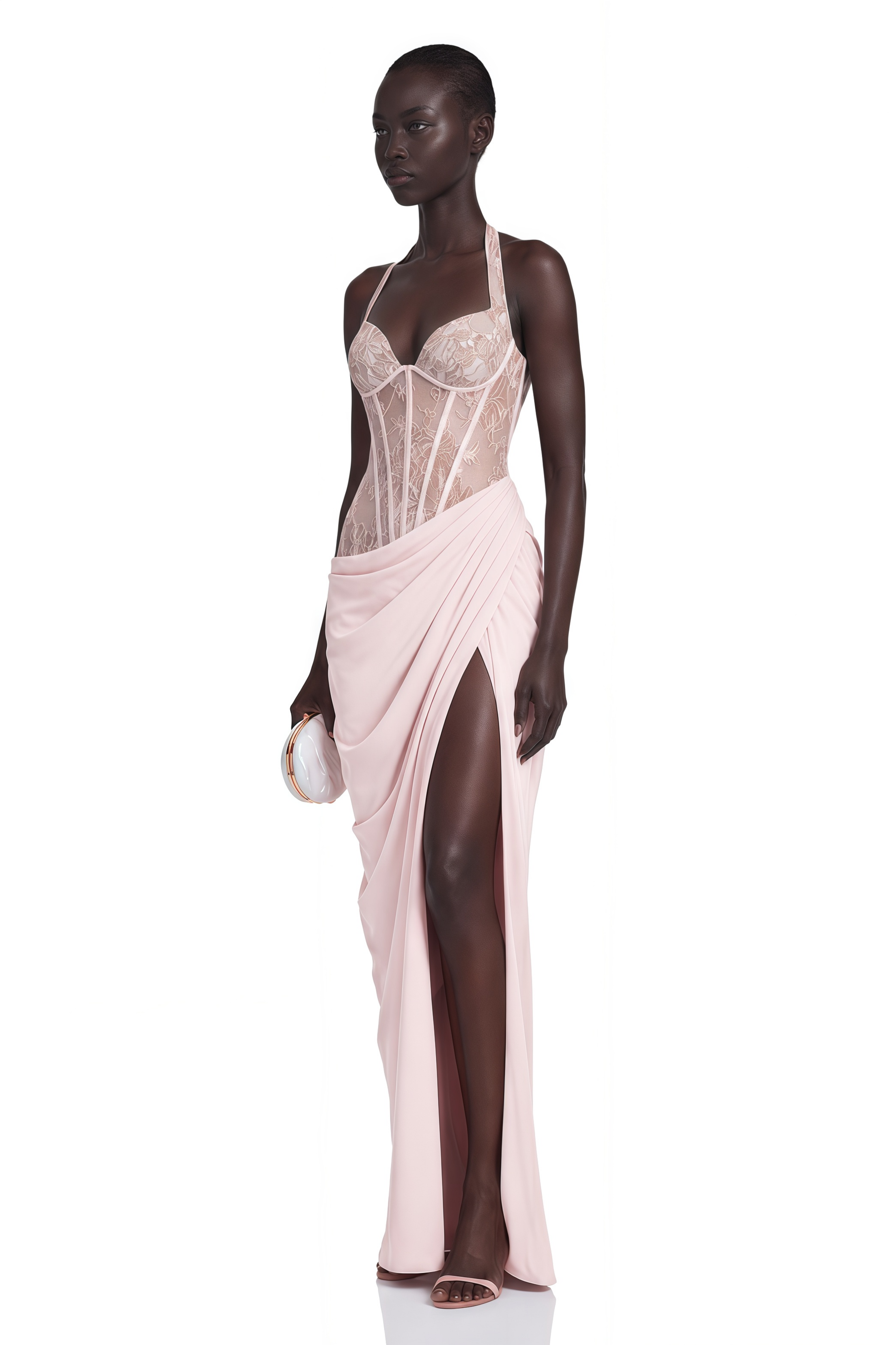 Jovianna Pink Halterneck Maxi Dress with Lace Panels