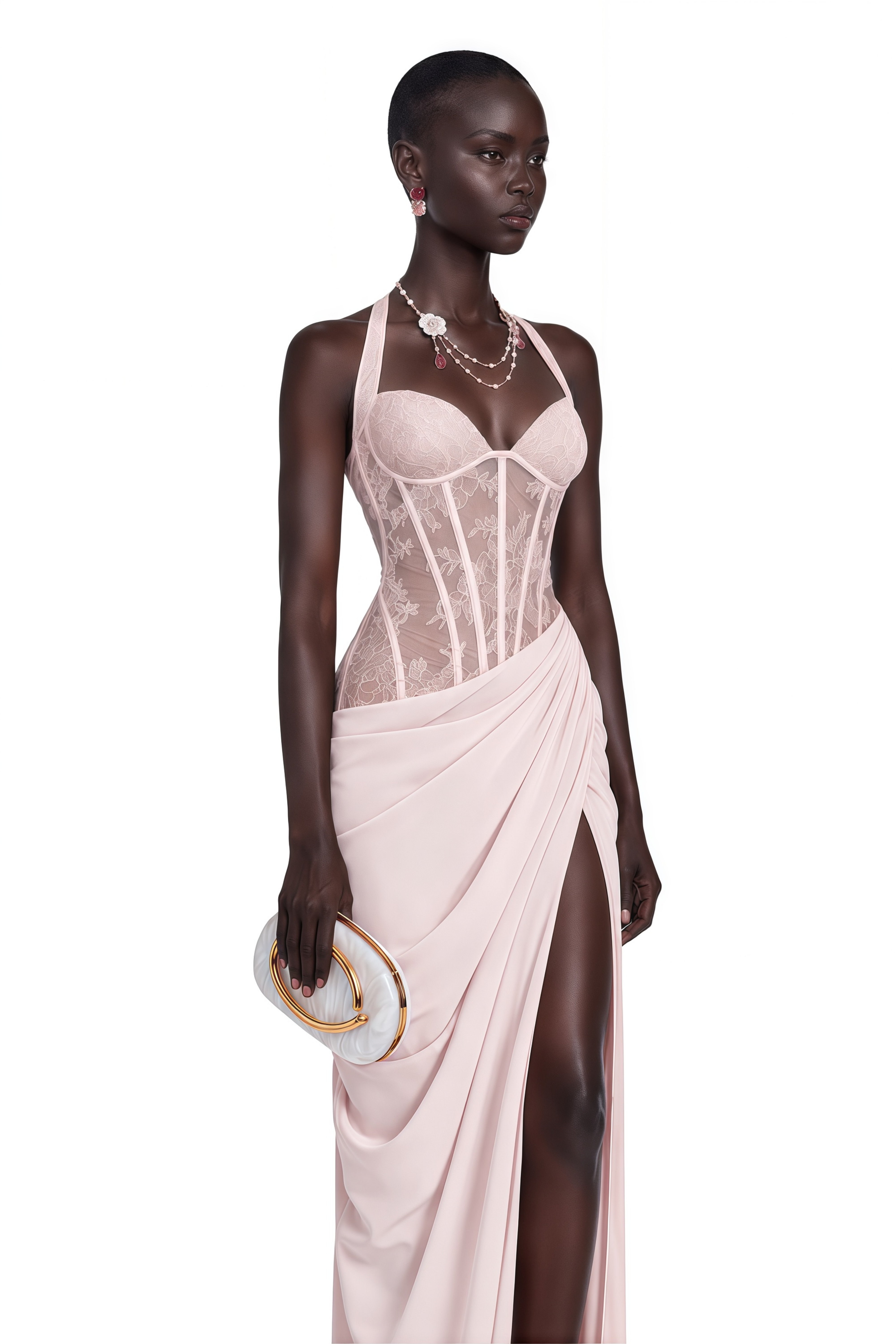 Jovianna Pink Halterneck Maxi Dress with Lace Panels
