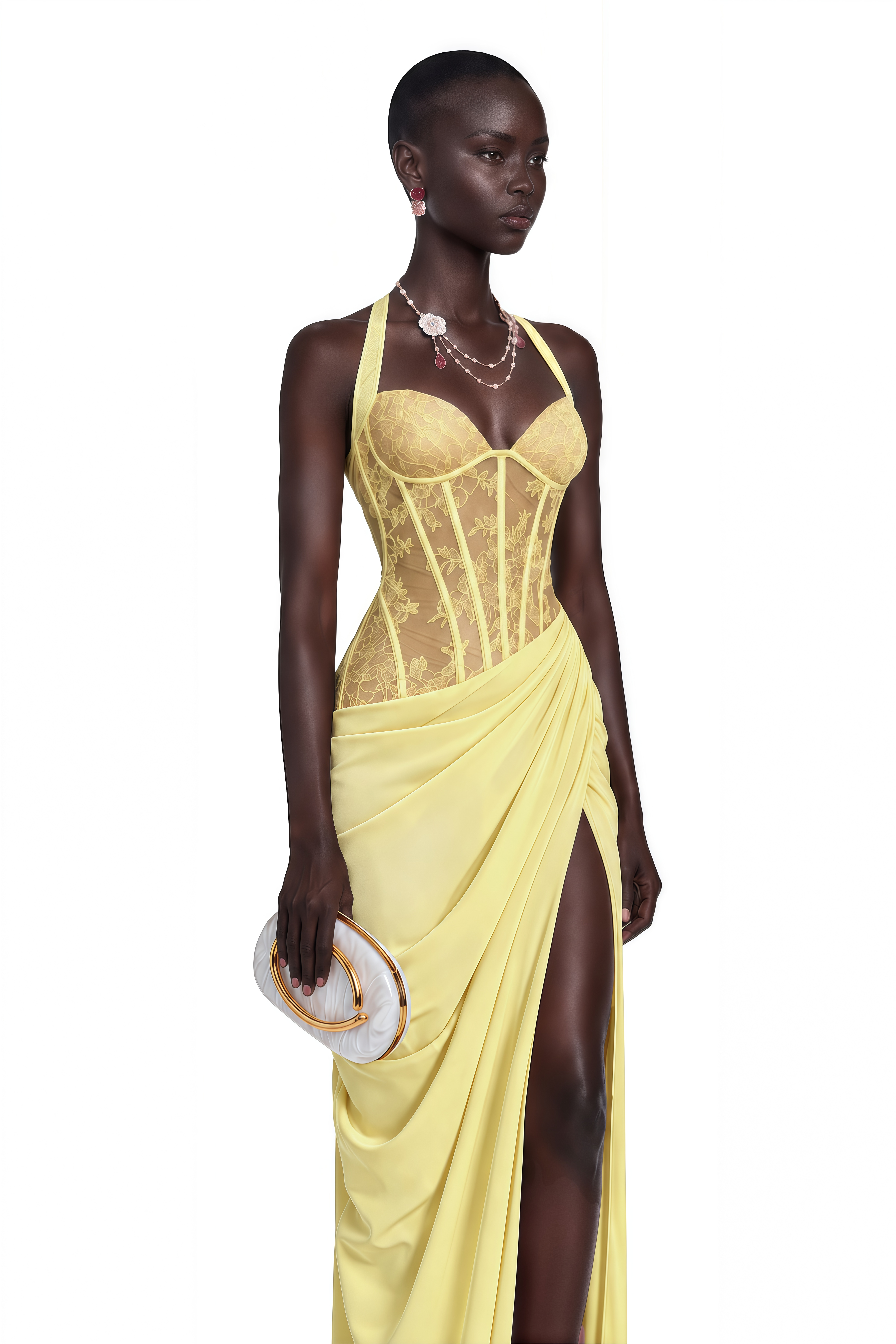 Jovianna Yellow Halterneck Maxi Dress with Lace Panels