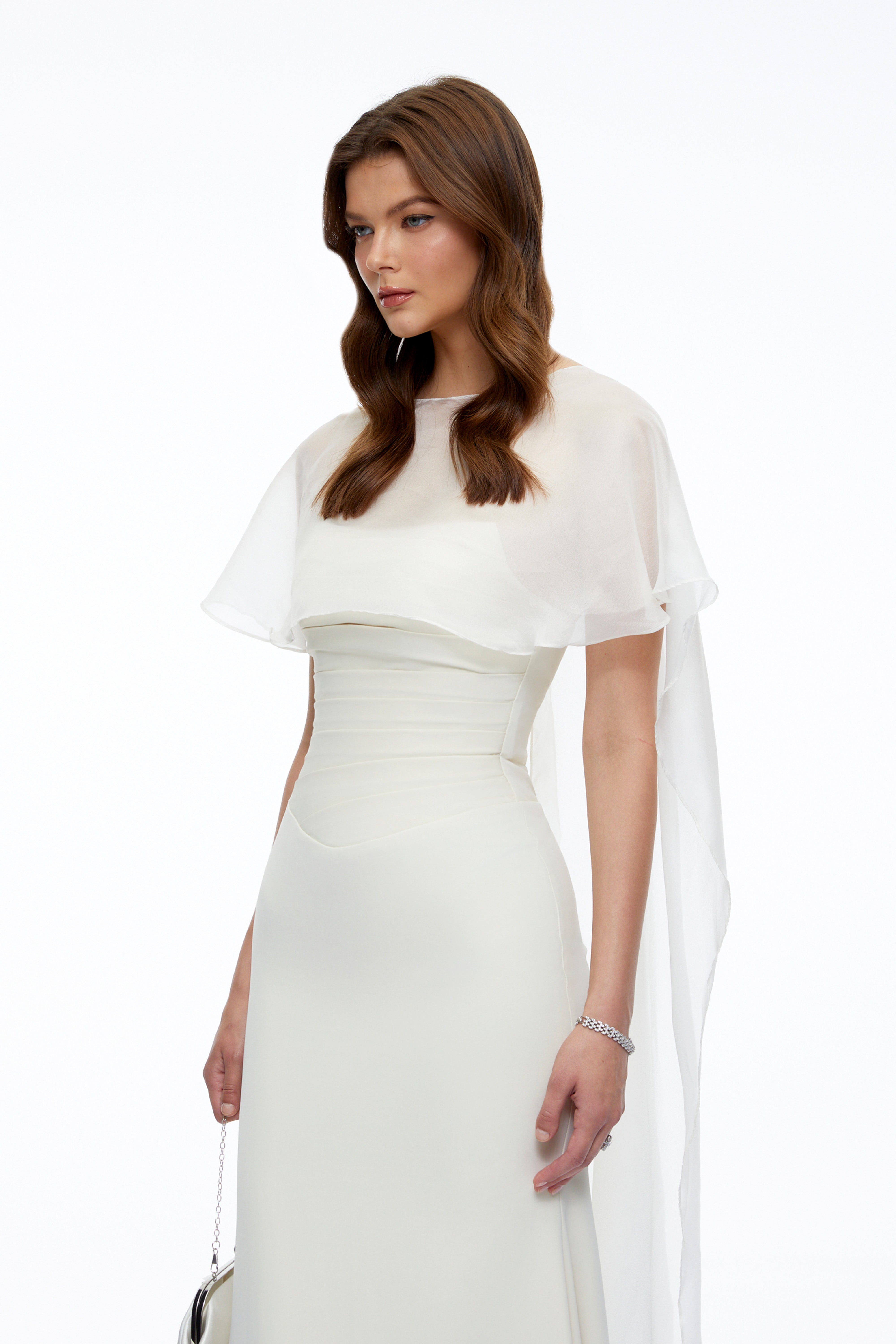 Jovianna Cream Draped Ruched Maxi Dress with Tulle