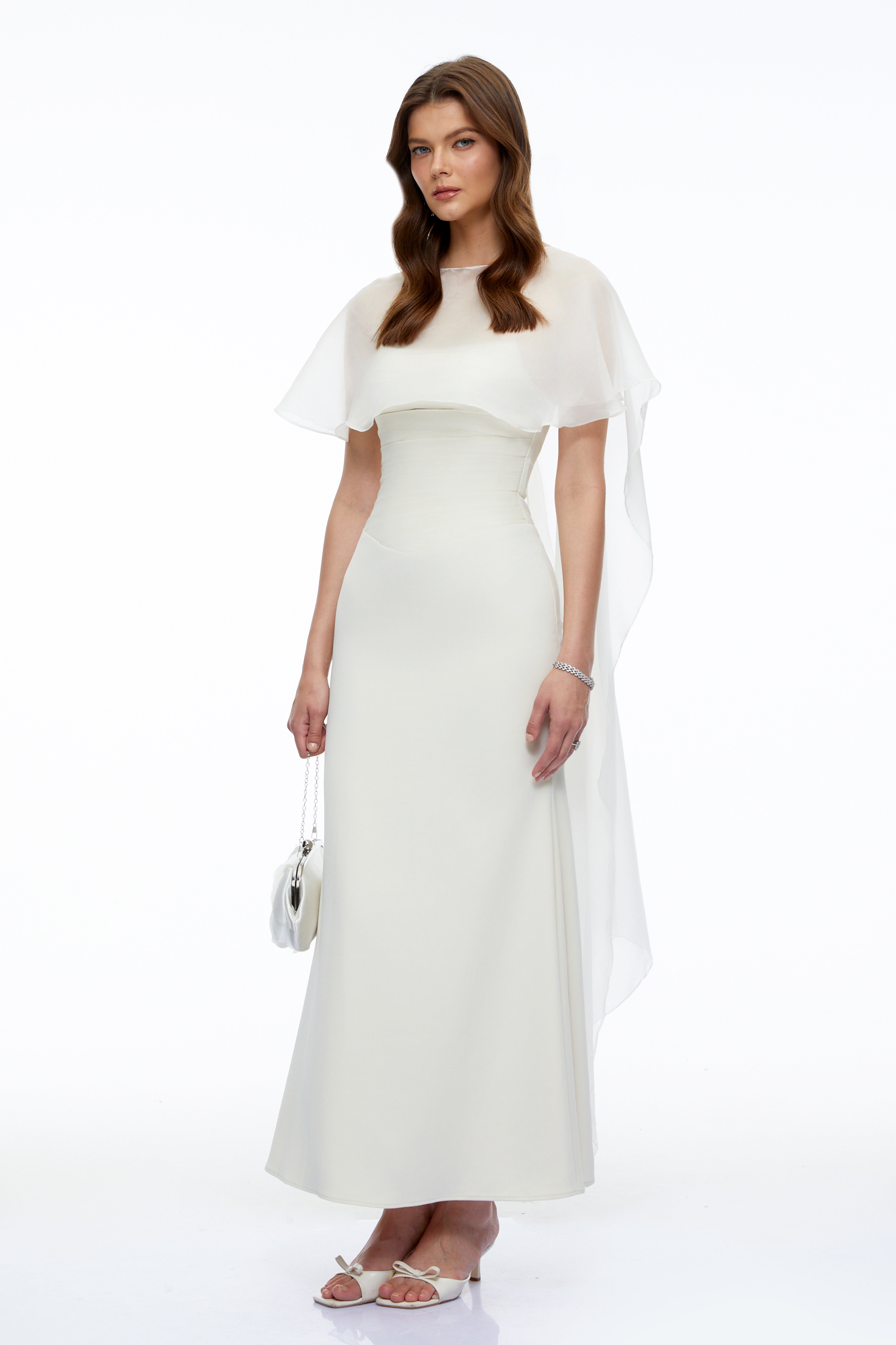 Jovianna Cream Draped Ruched Maxi Dress with Tulle