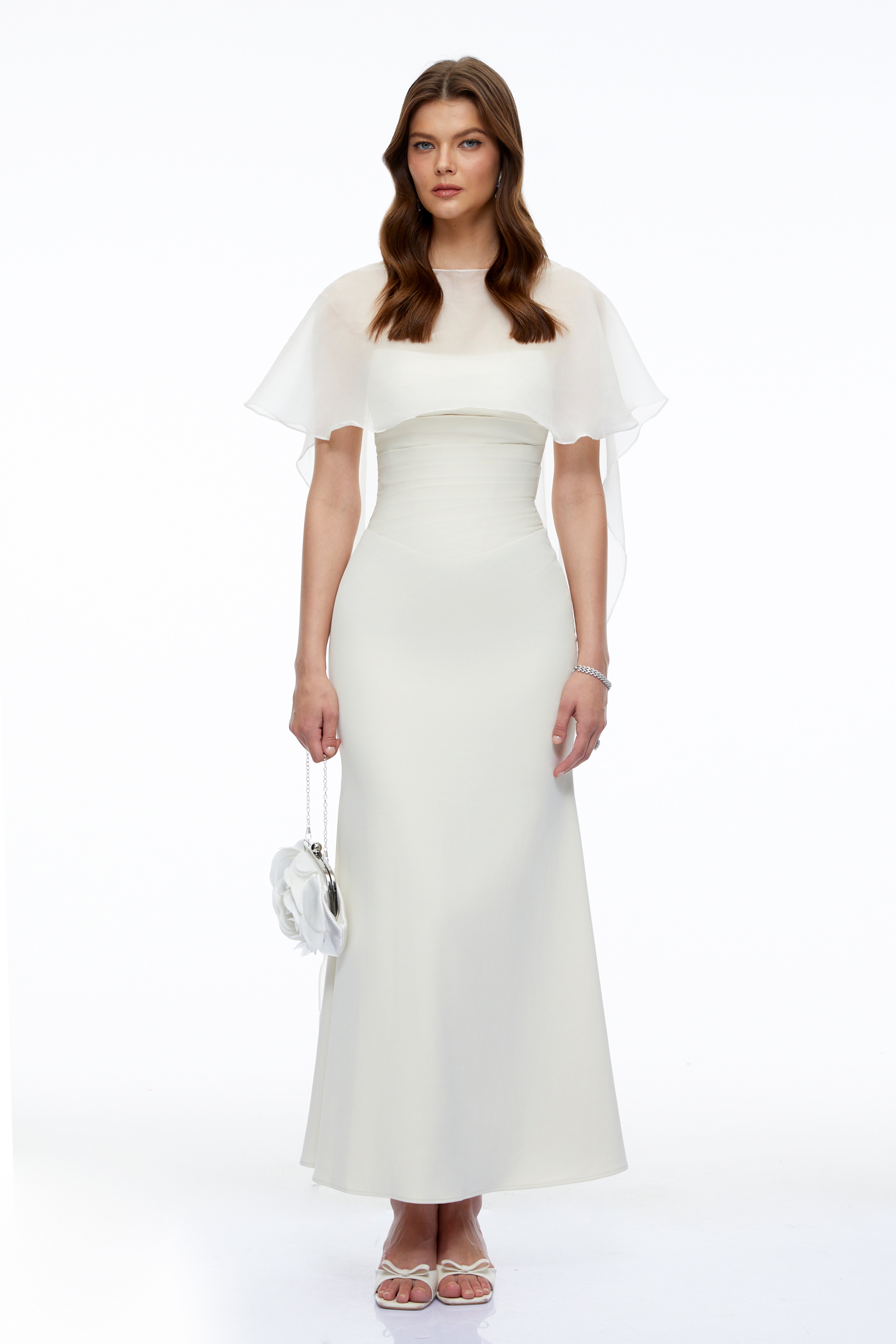 Jovianna Cream Draped Ruched Maxi Dress with Tulle