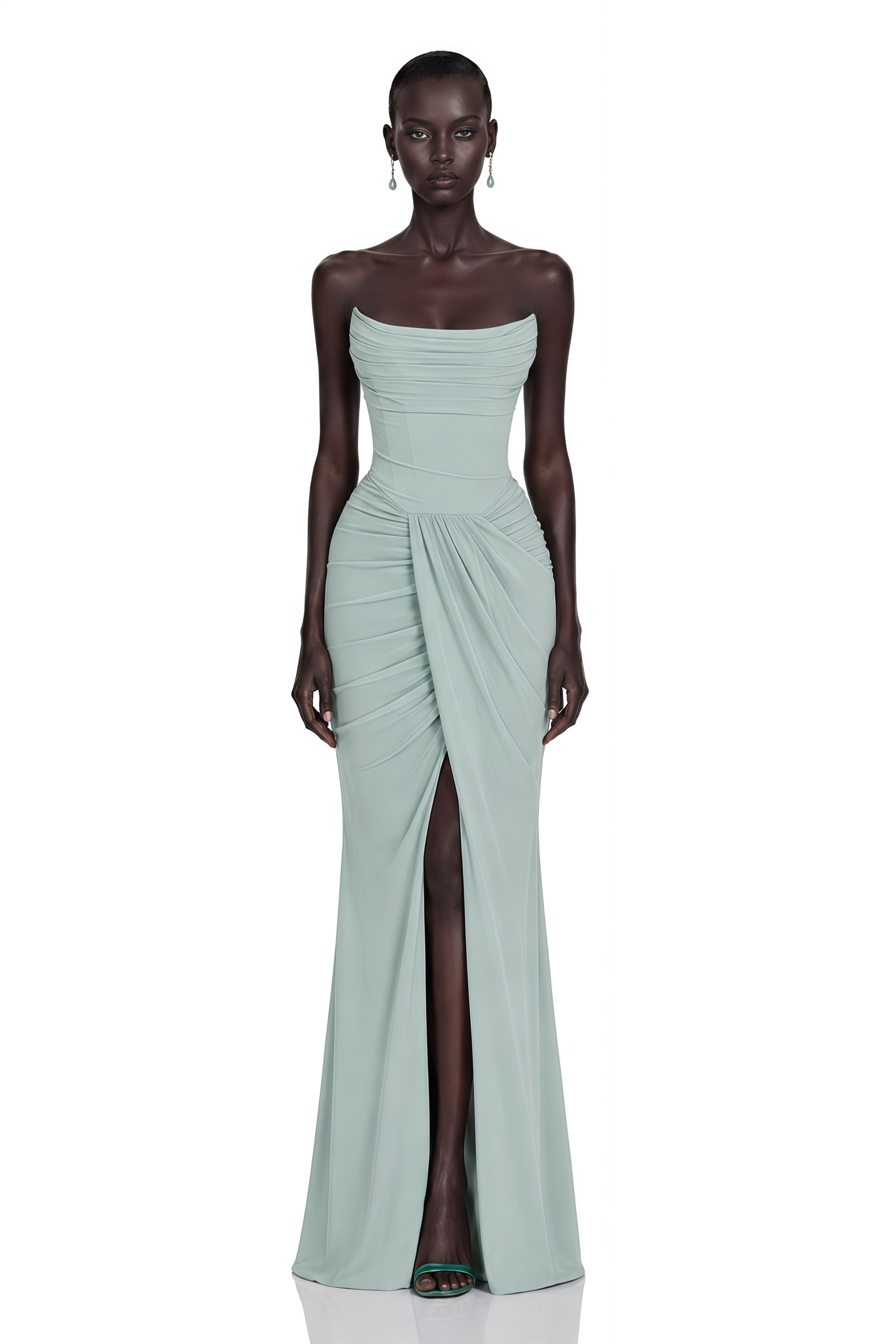 Jovie Sage Green Ruched Maxi Dress with Slit