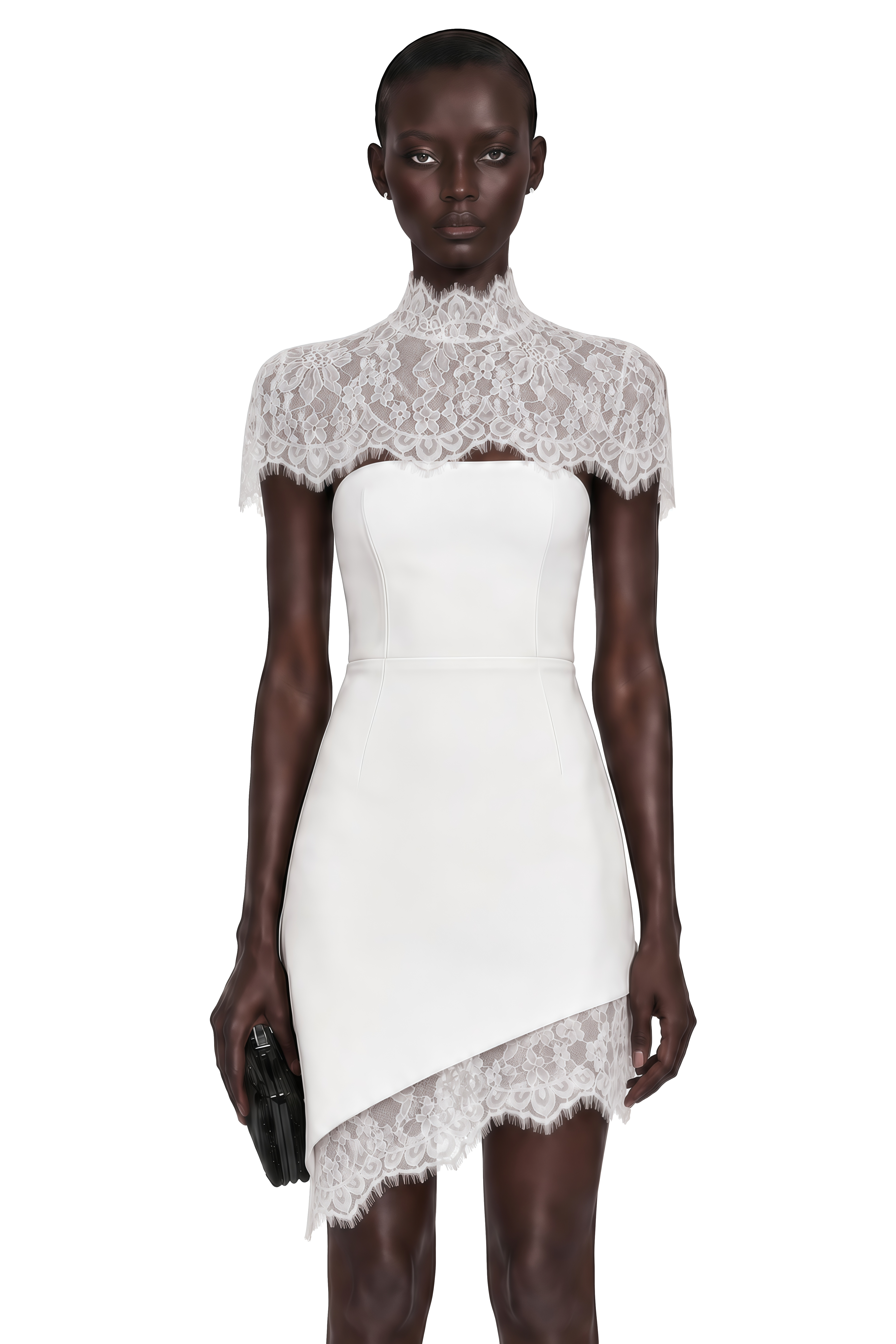 Juliana White Off Shoulder Mini Dress with Asymmetrical Lace Panels