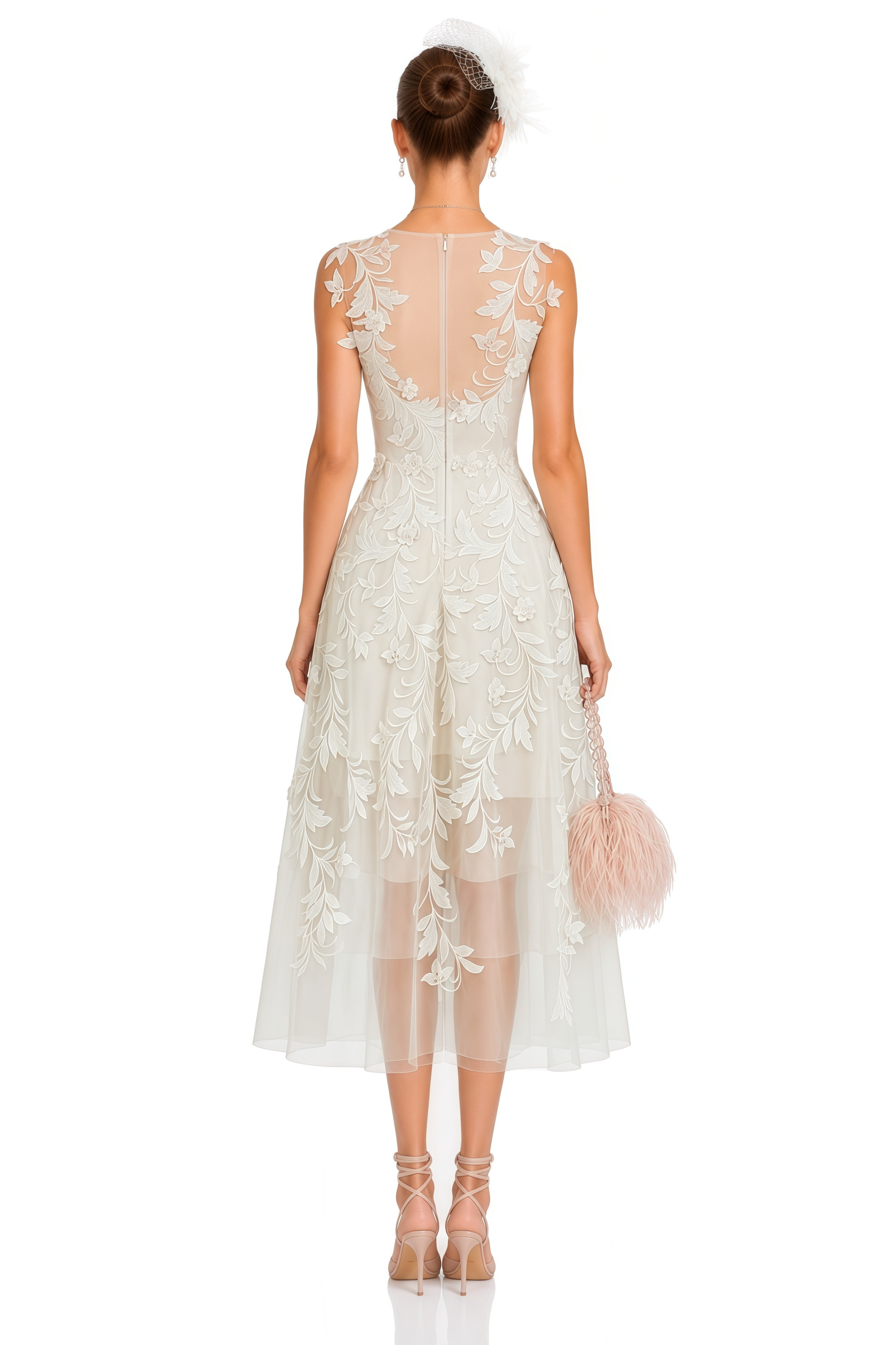 Juliette White 3D Floral Lace Tulle Midi Dress