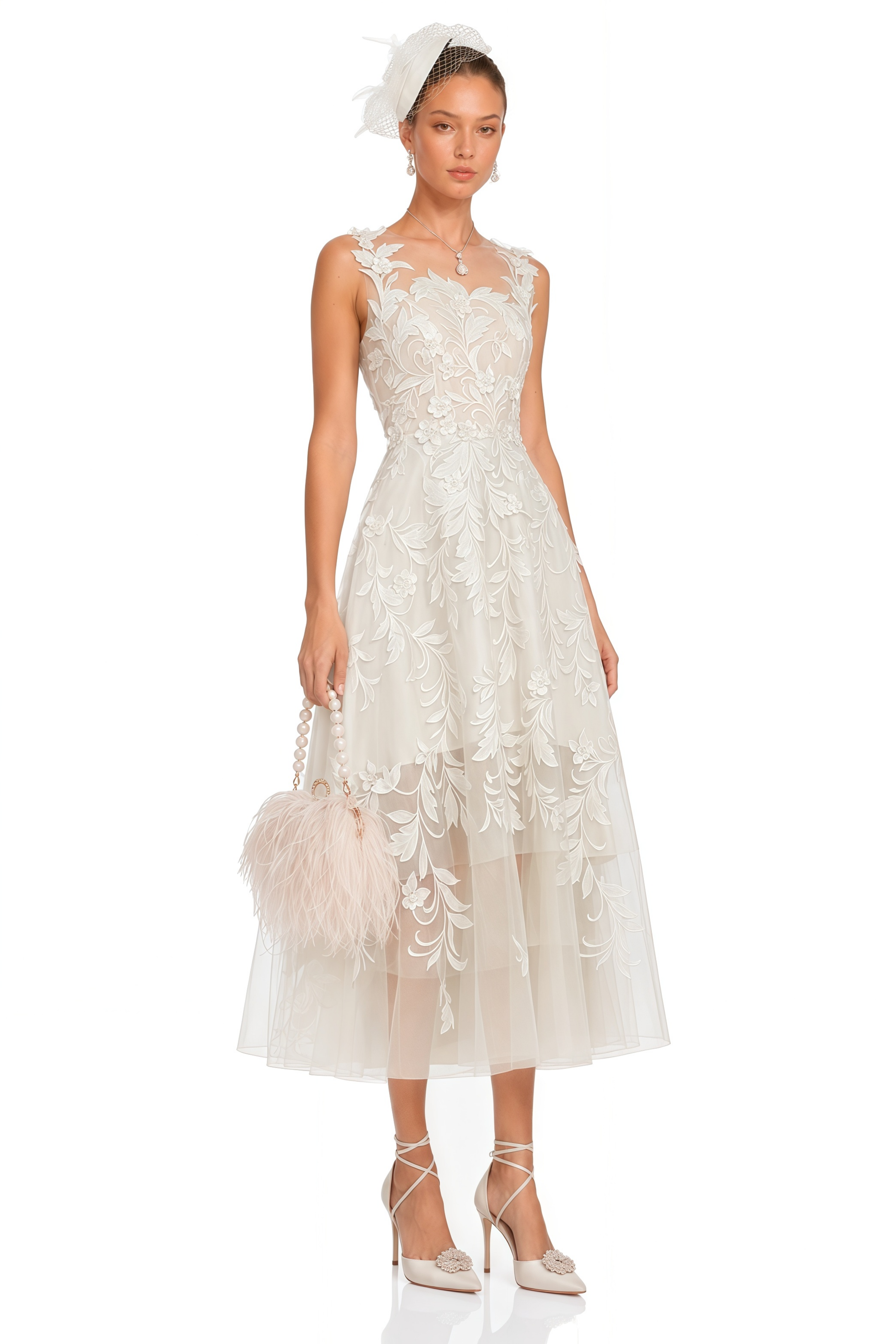 Juliette White 3D Floral Lace Tulle Midi Dress