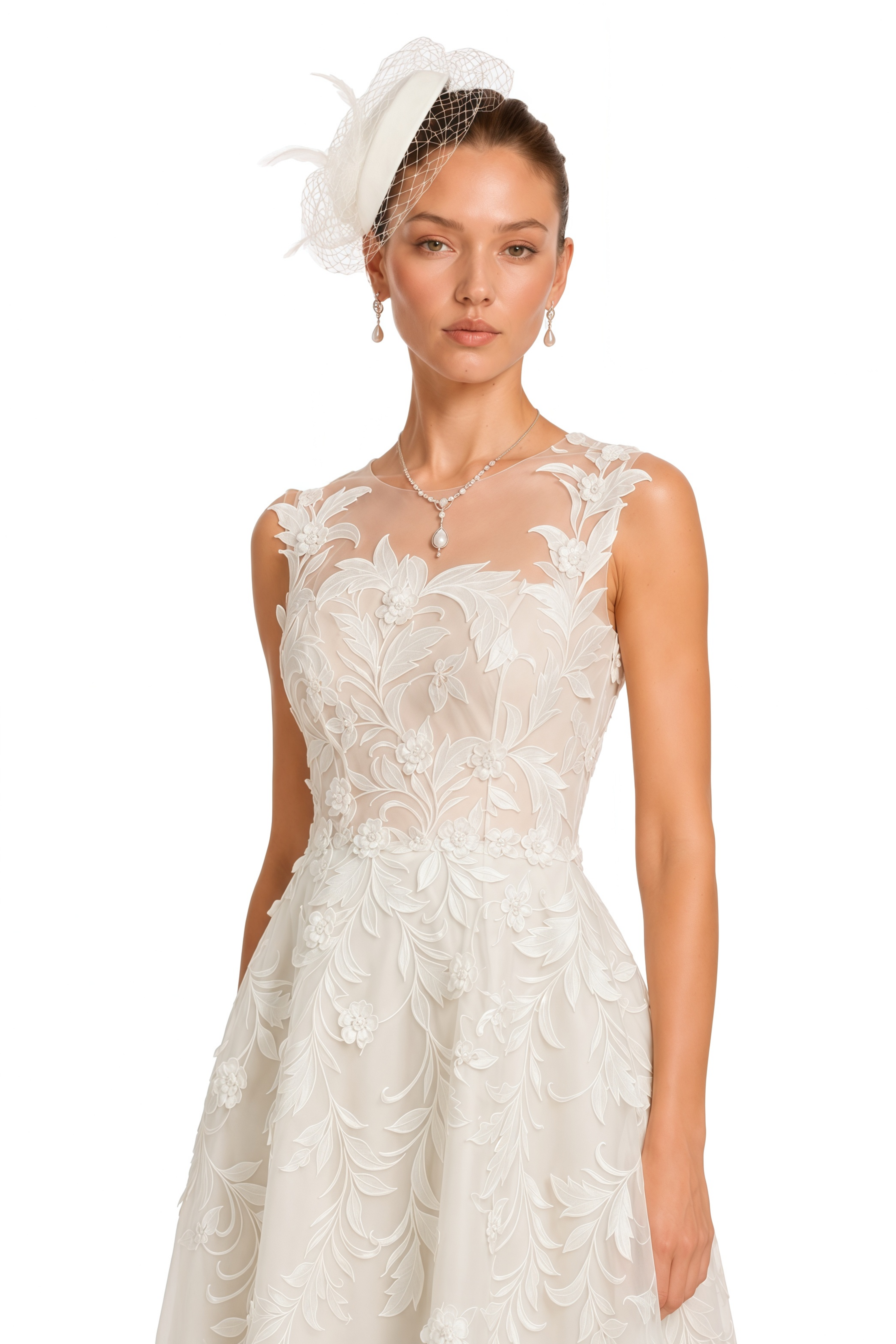 Juliette White 3D Floral Lace Tulle Midi Dress