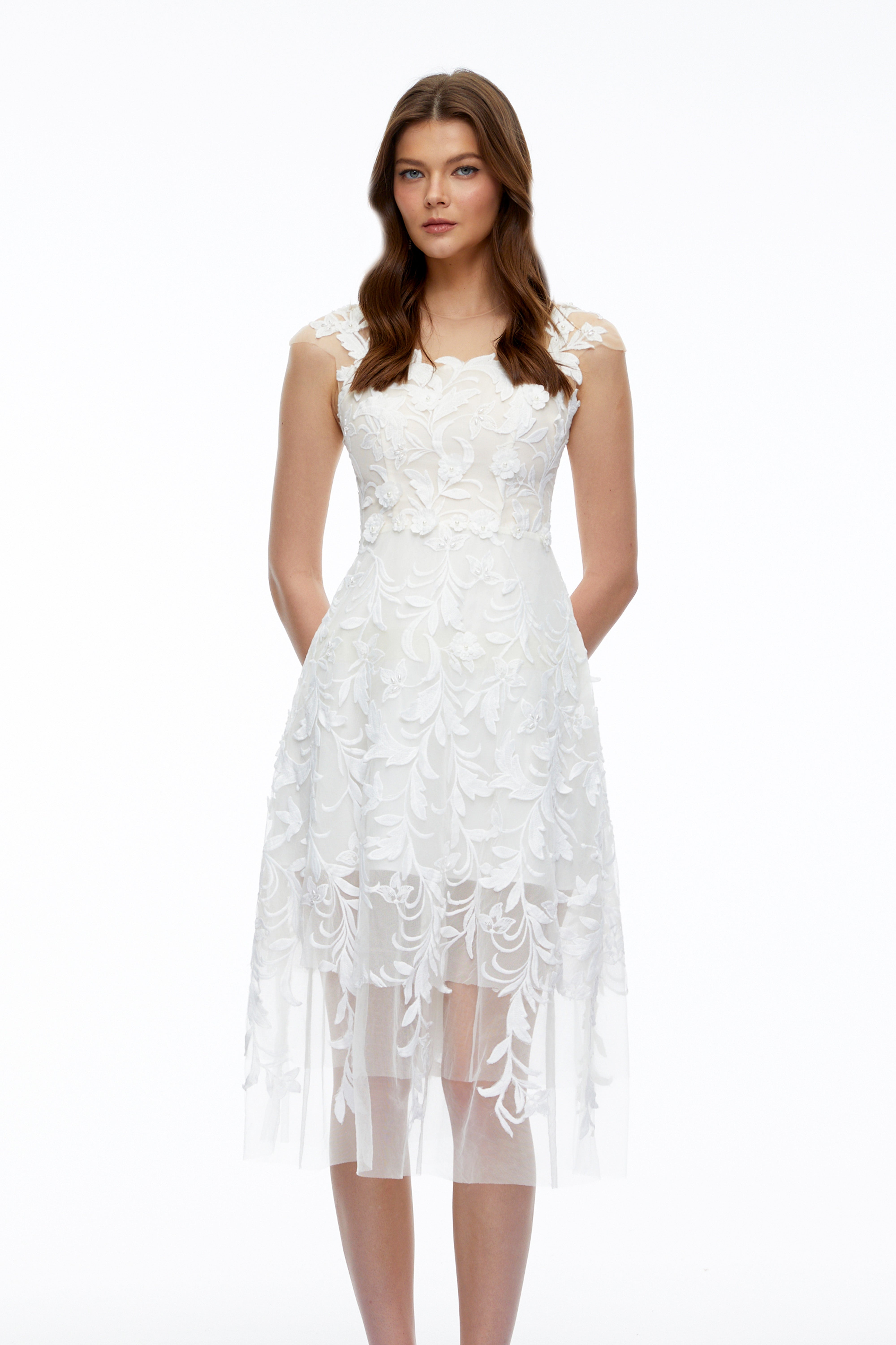 Juliette White 3D Floral Lace Tulle Midi Dress