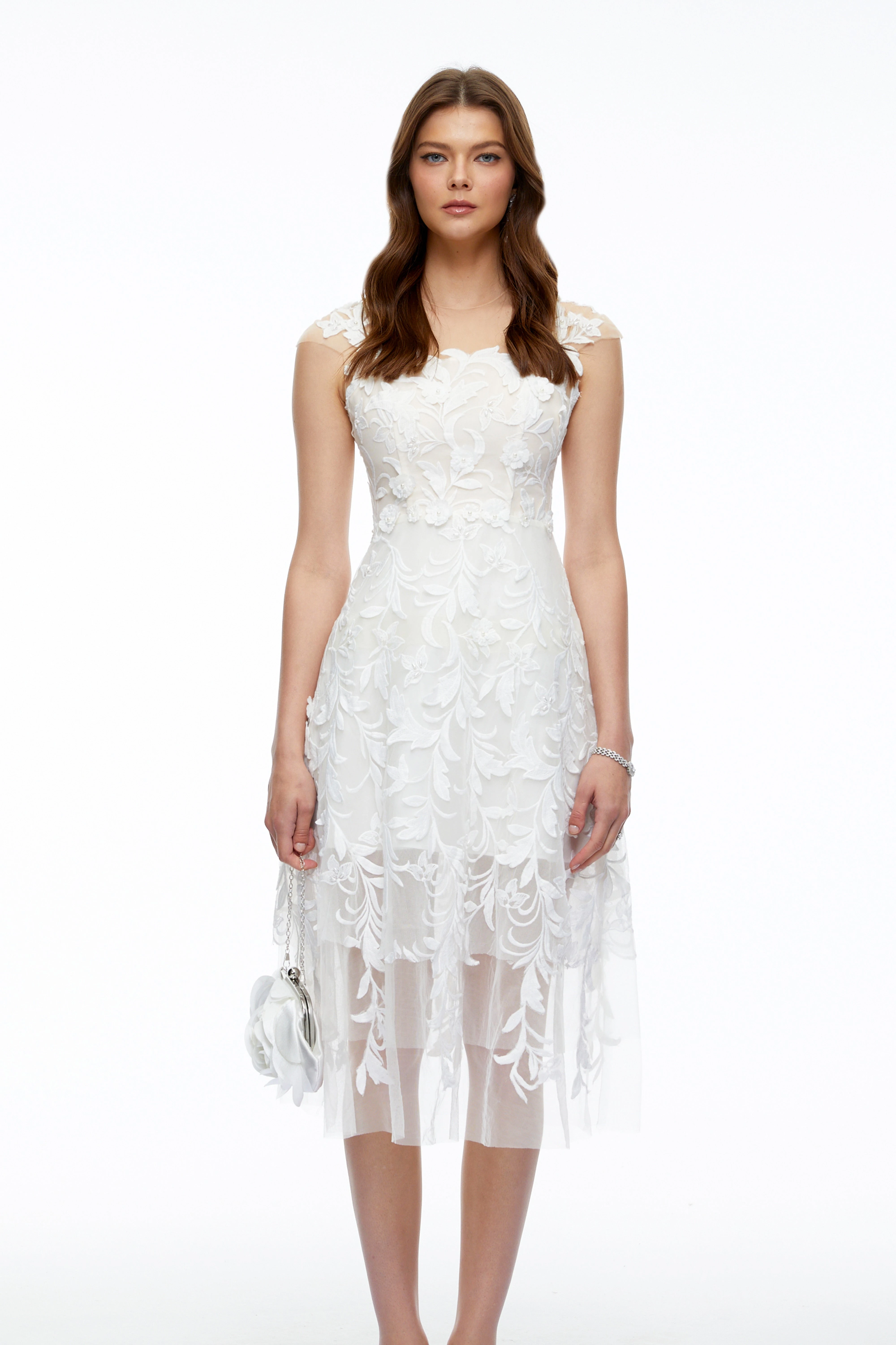 Juliette White 3D Floral Lace Tulle Midi Dress