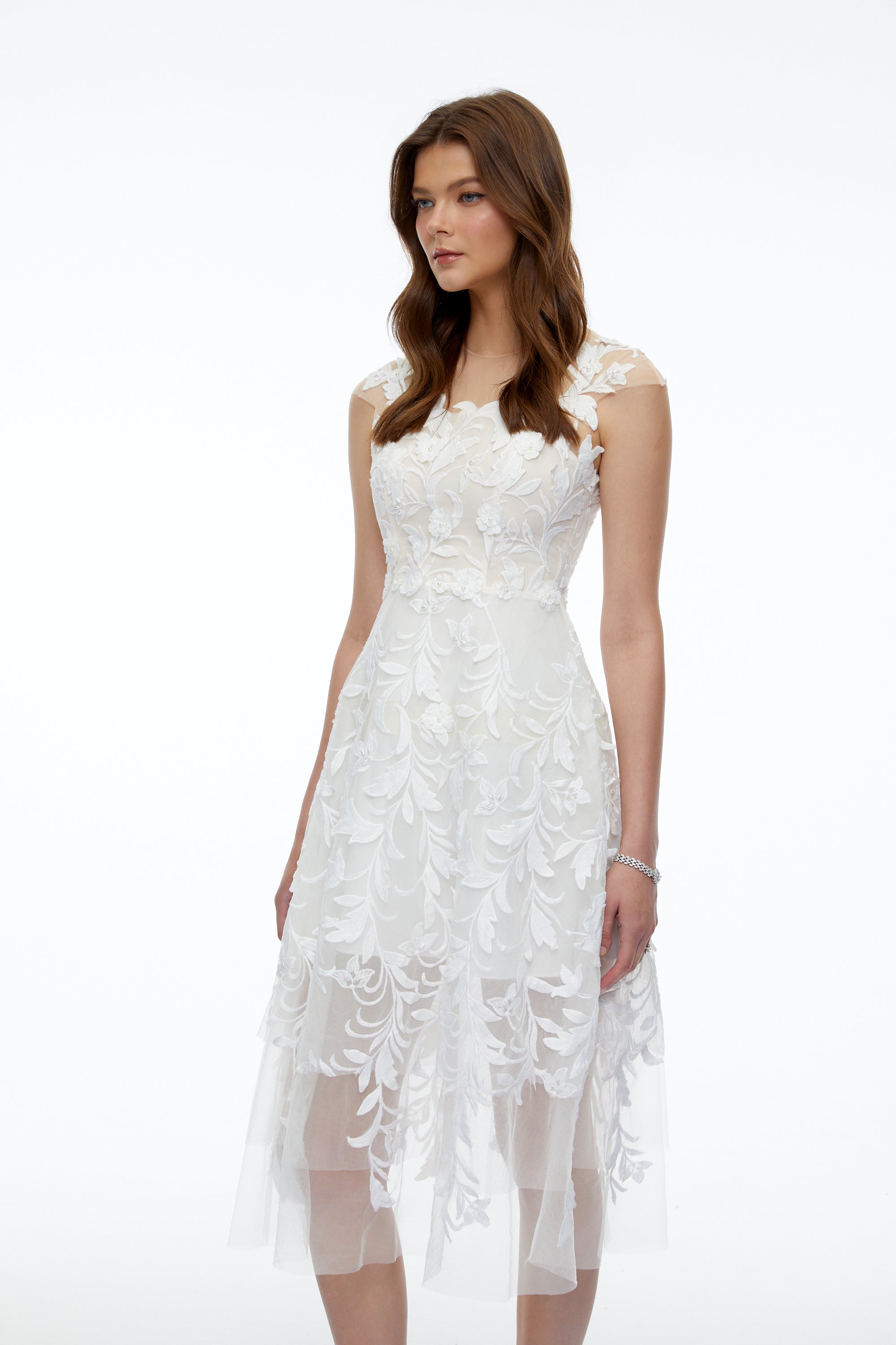 Juliette White 3D Floral Lace Tulle Midi Dress