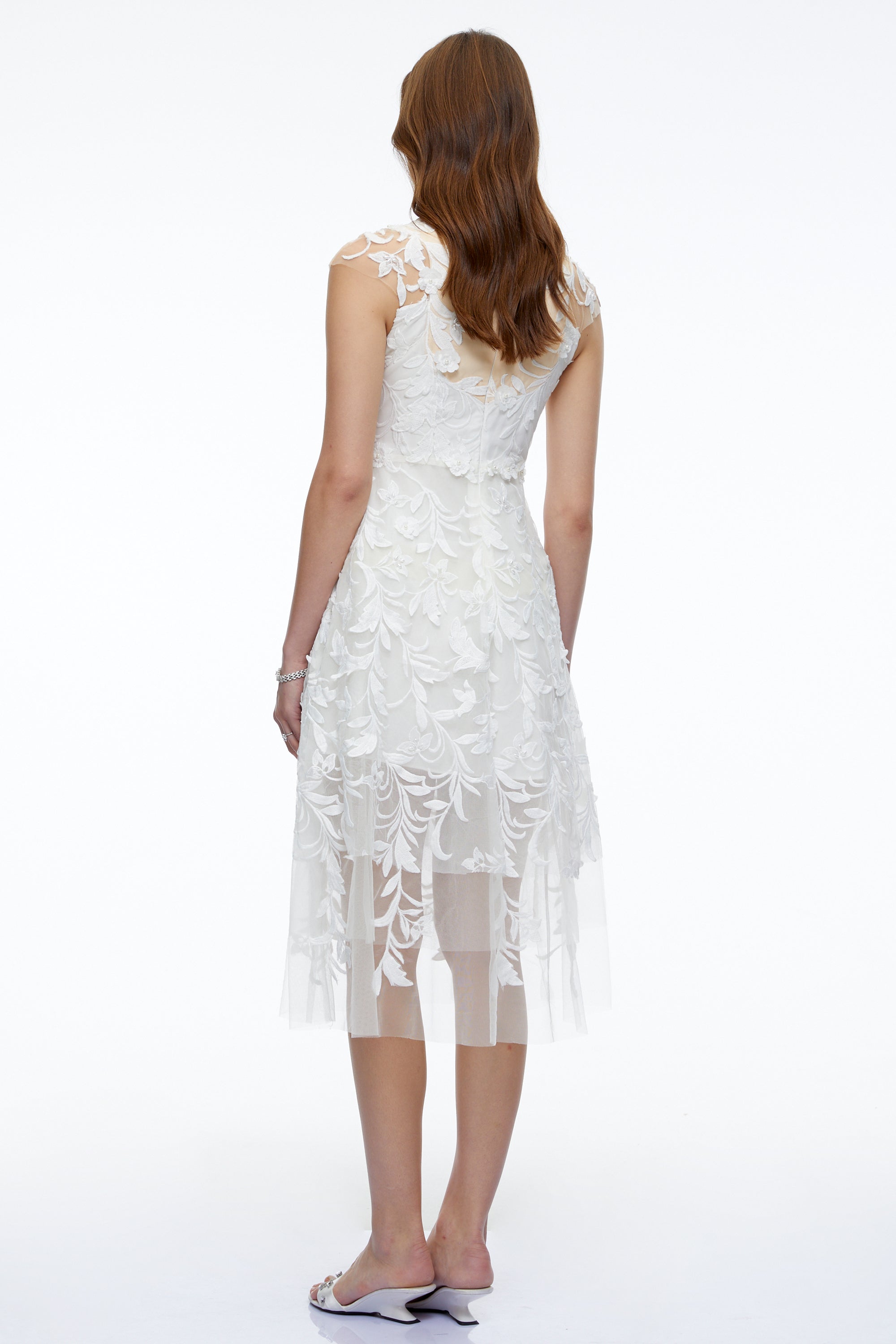 Juliette White 3D Floral Lace Tulle Midi Dress