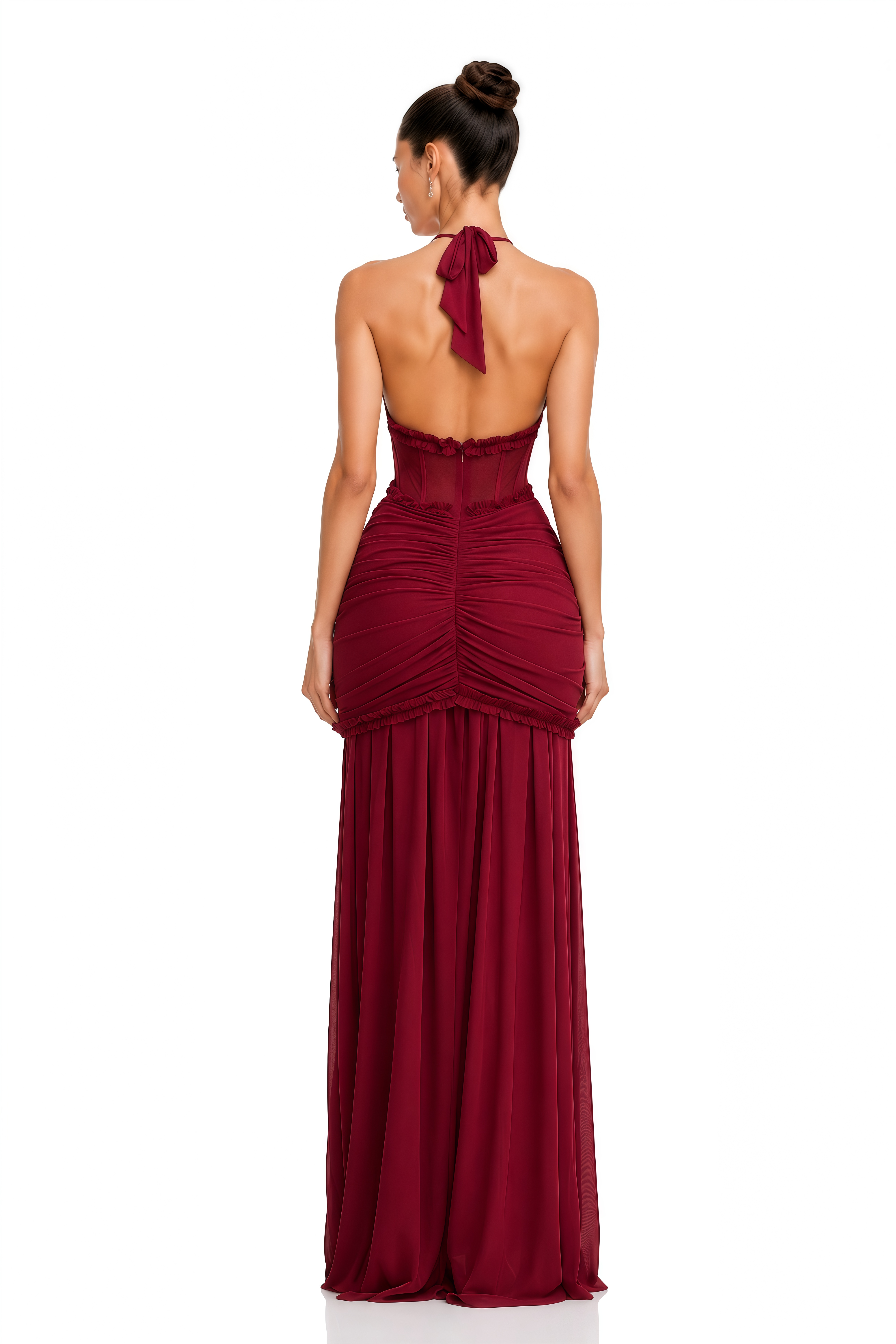 Jupiter Burgundy Ruched Halterneck Maxi Dress