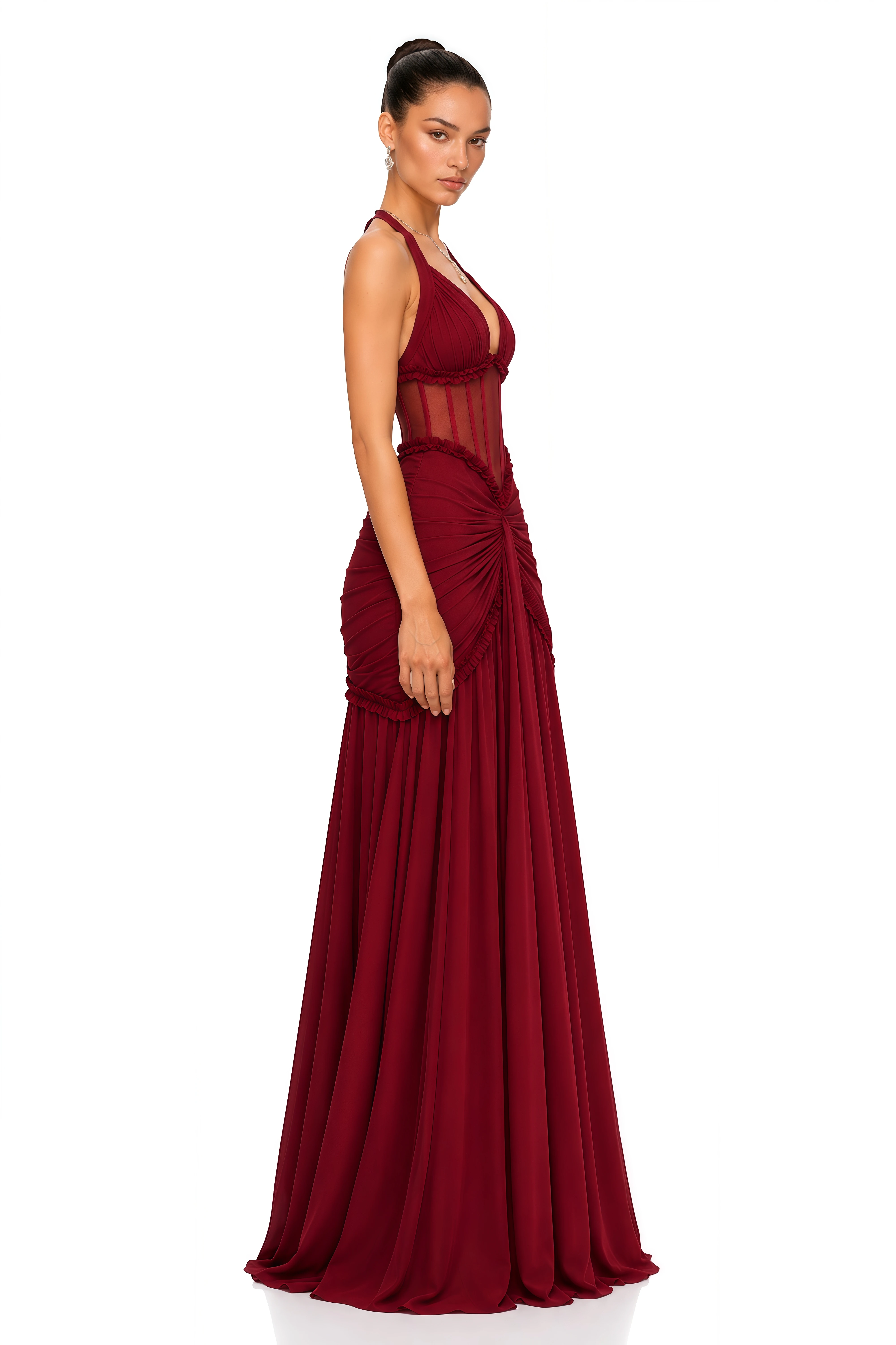 Jupiter Burgundy Ruched Halterneck Maxi Dress