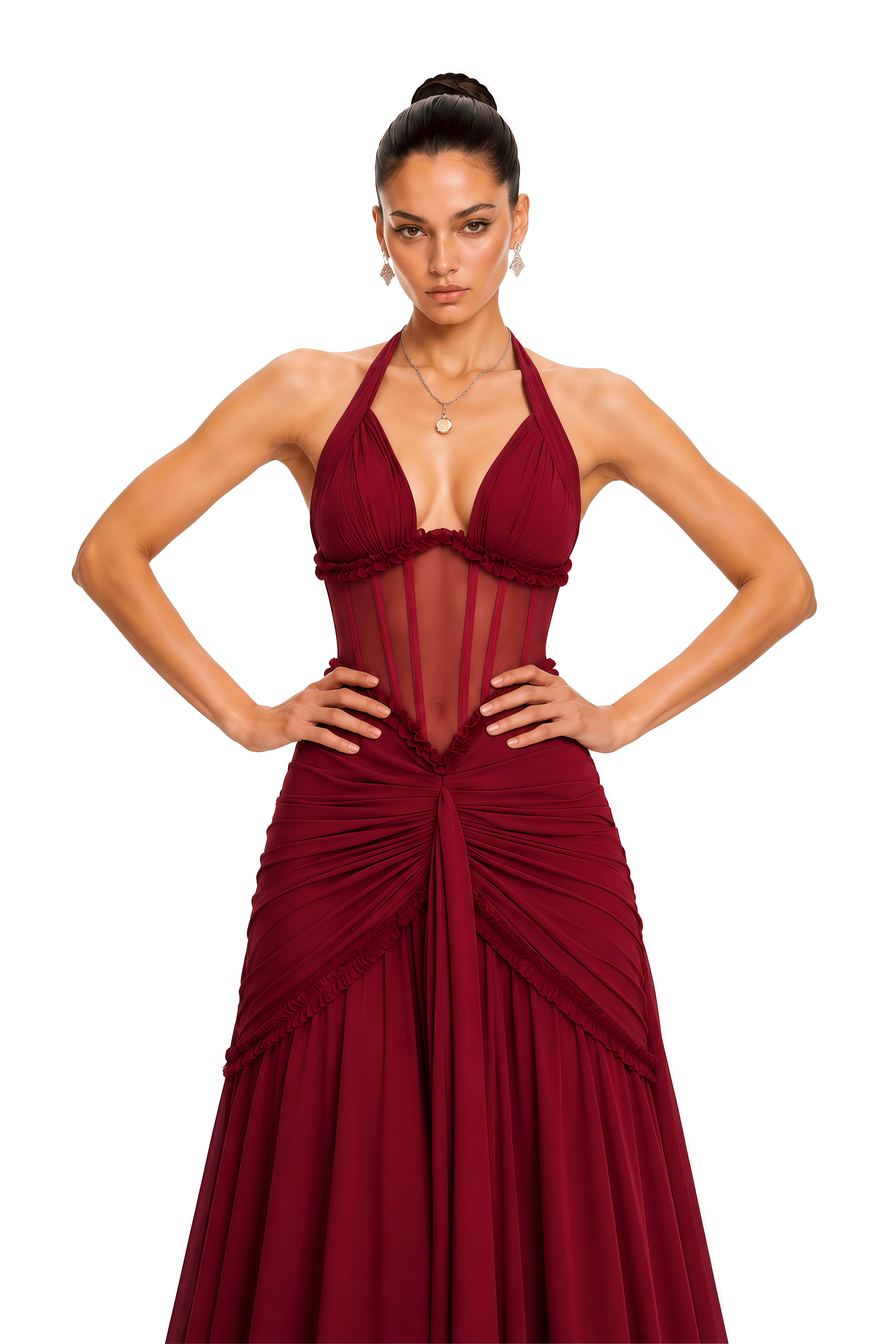 Jupiter Burgundy Ruched Halterneck Maxi Dress