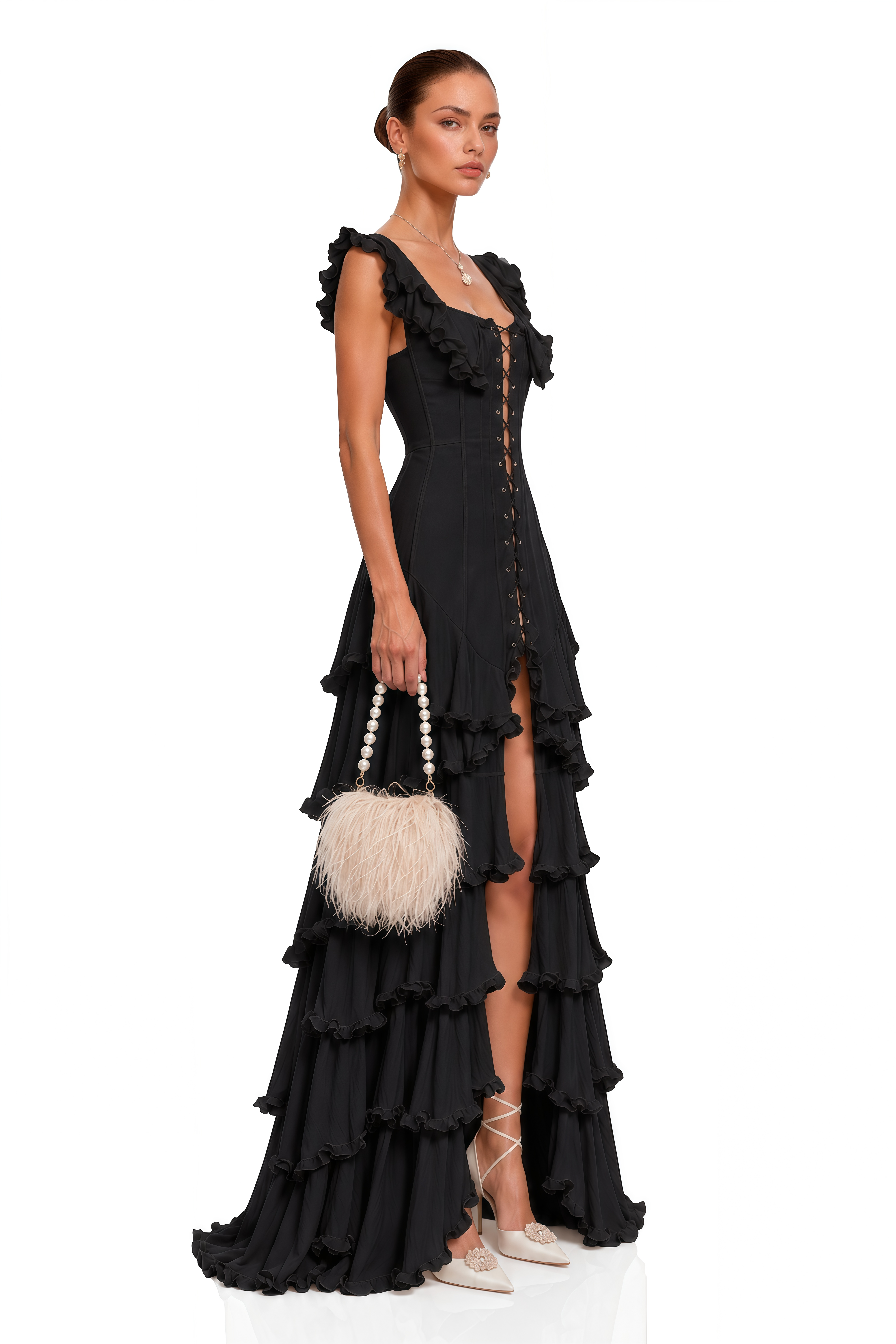 Kaelin Black Ruffle Lace Up Tiered Flowy Maxi Dress