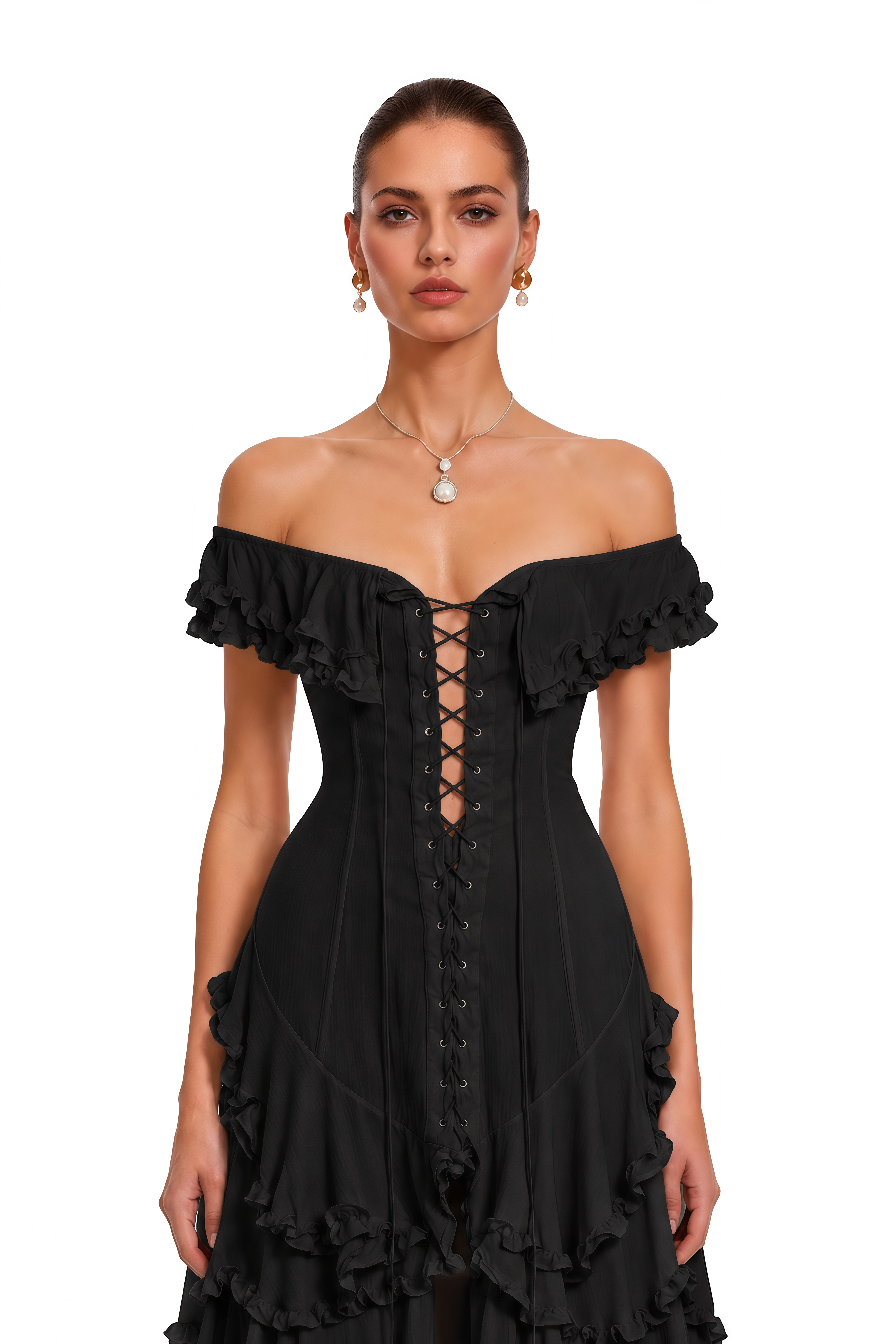 Kaelin Black Ruffle Lace Up Tiered Flowy Maxi Dress
