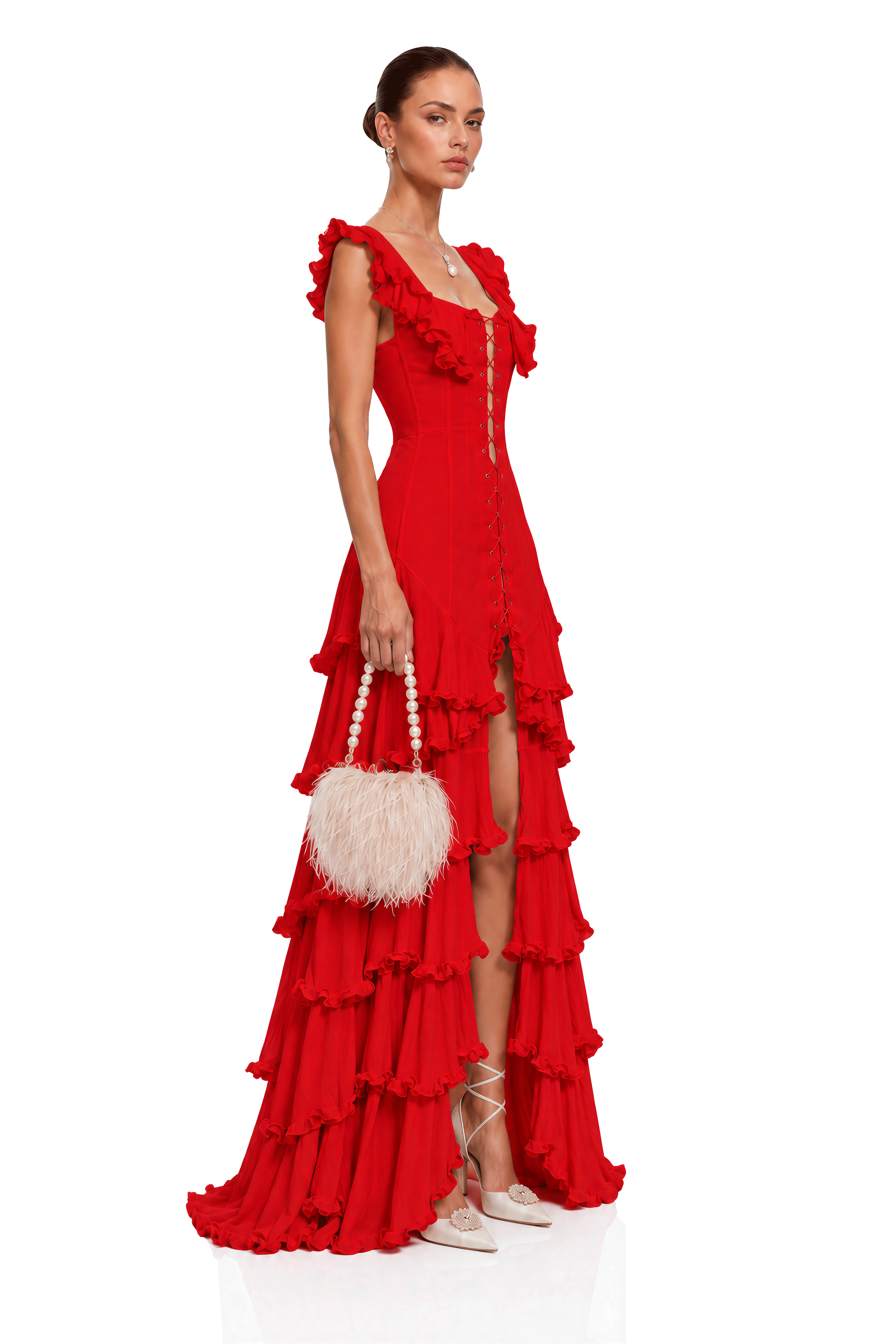 Kaelin Red Ruffle Lace Up Tiered Flowy Maxi Dress