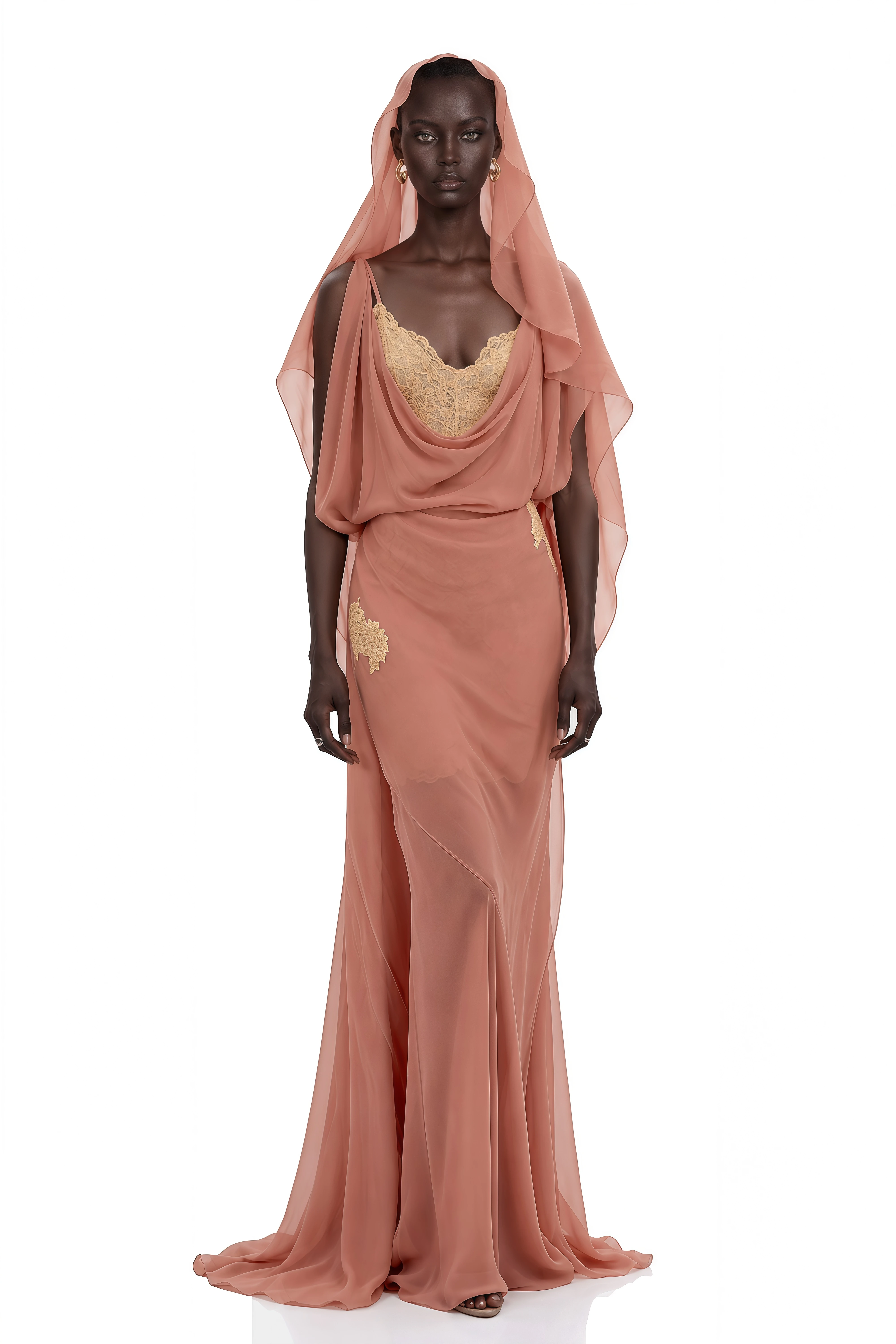 Kaiah Dusty Rose Cowl Neck Lace Maxi Dress