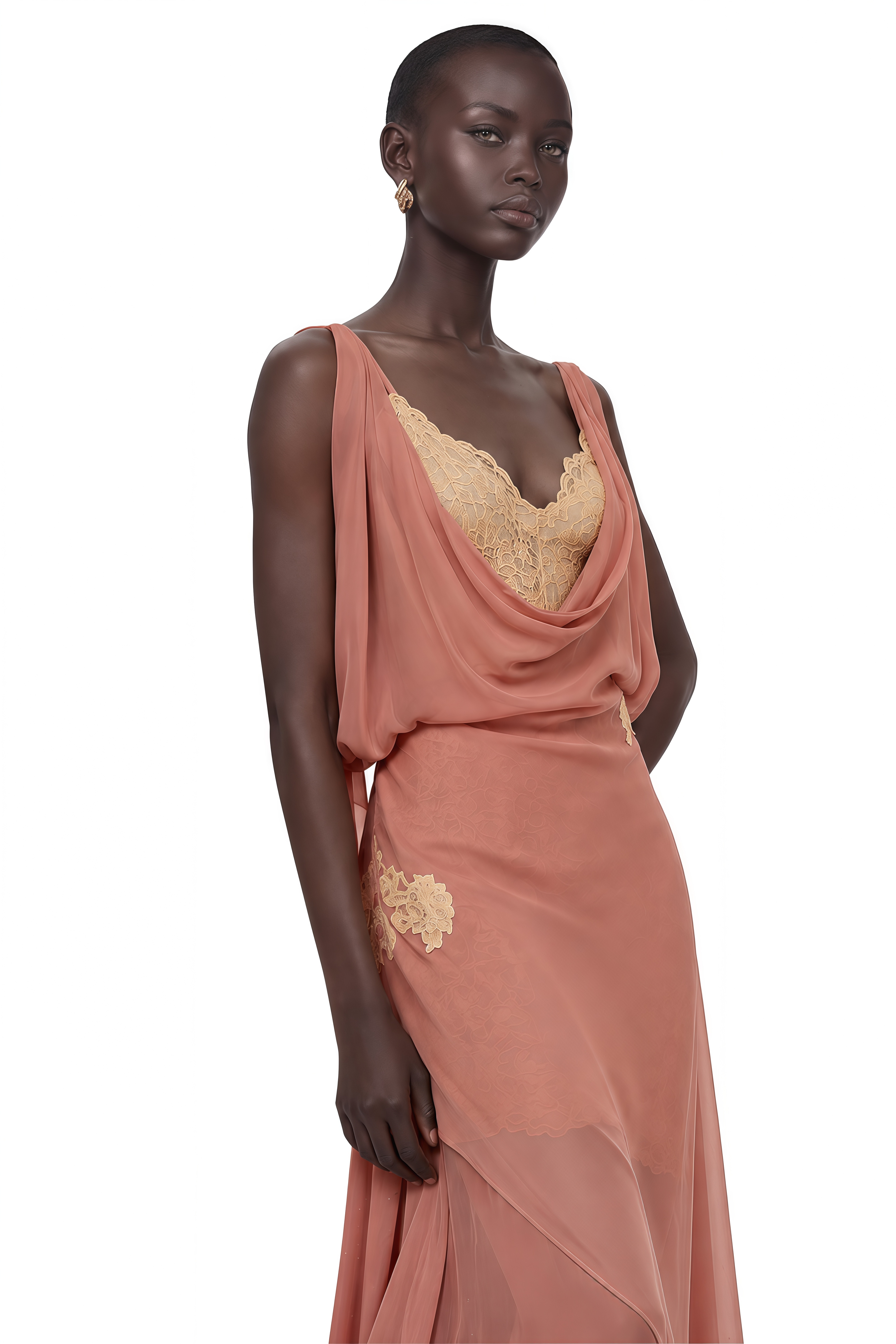 Kaiah Dusty Rose Cowl Neck Lace Maxi Dress