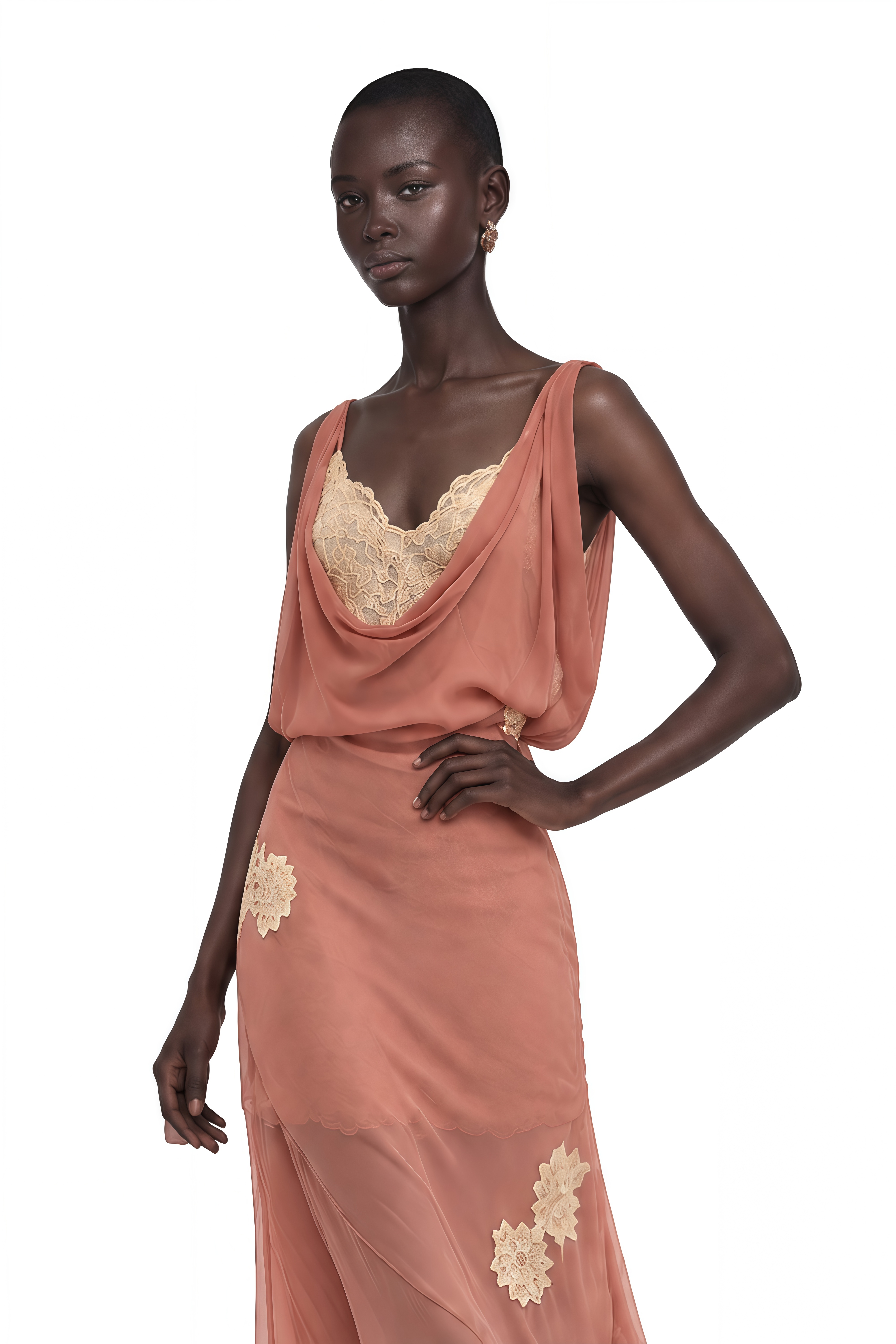 Kaiah Dusty Rose Cowl Neck Lace Maxi Dress